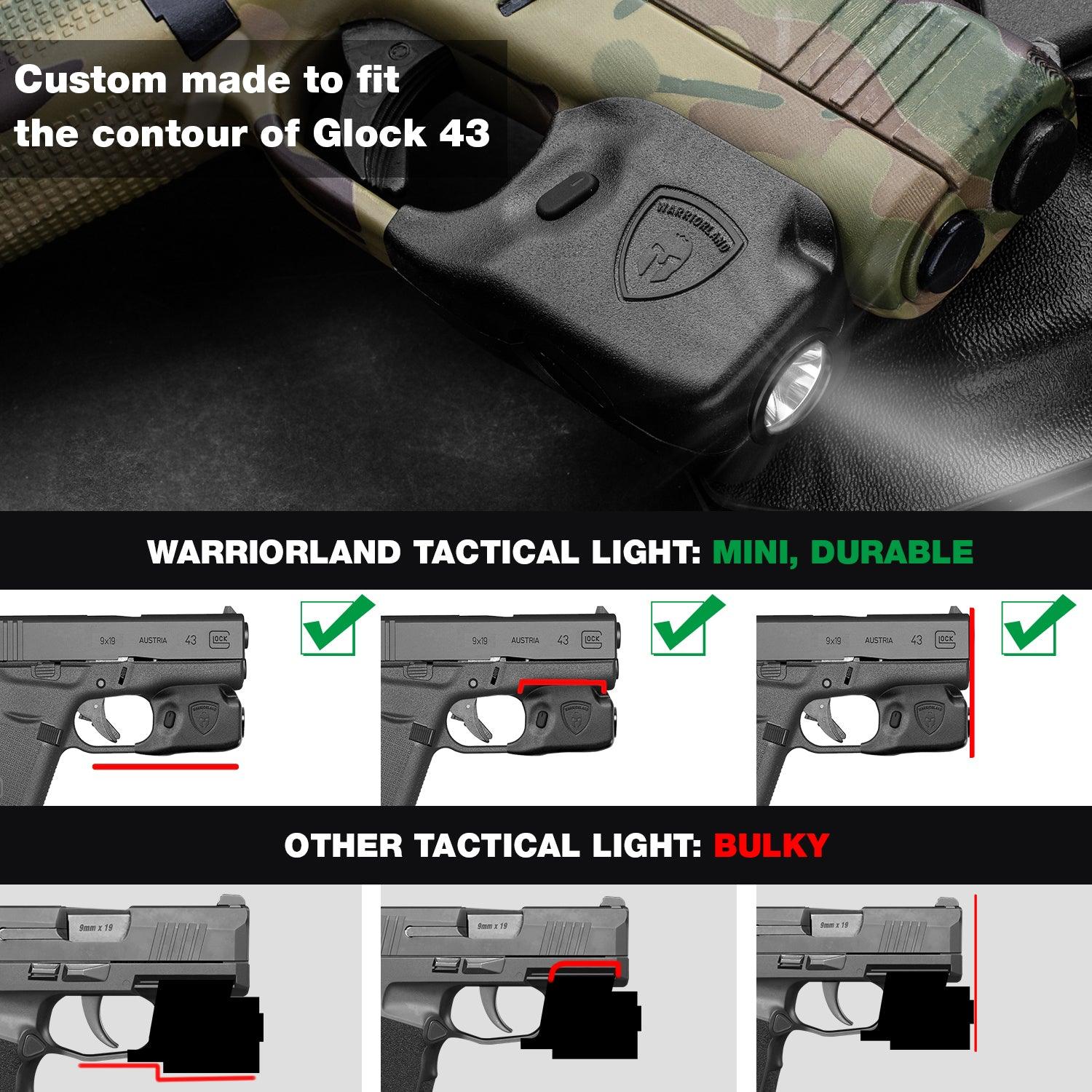 Mini Gun Light with Kydex Holster Custom Molded for Glock 43 / Glock 43X LED Tactical Pistol Handgun Flashlight | WARRIORLAND WARRIORLAND