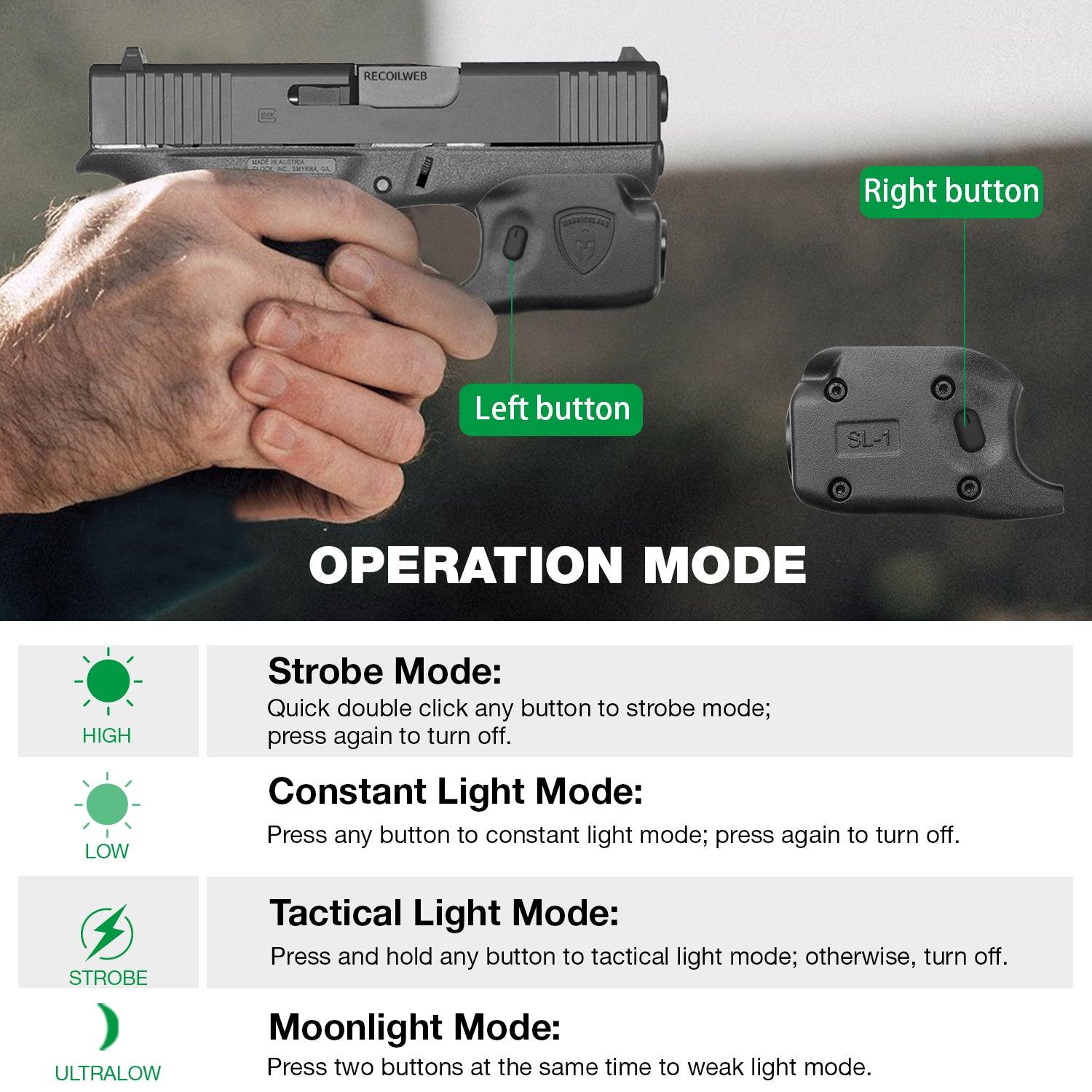 Mini Gun Light with Kydex Holster Custom Molded for Glock 43 / Glock 43X LED Tactical Pistol Handgun Flashlight | WARRIORLAND WARRIORLAND