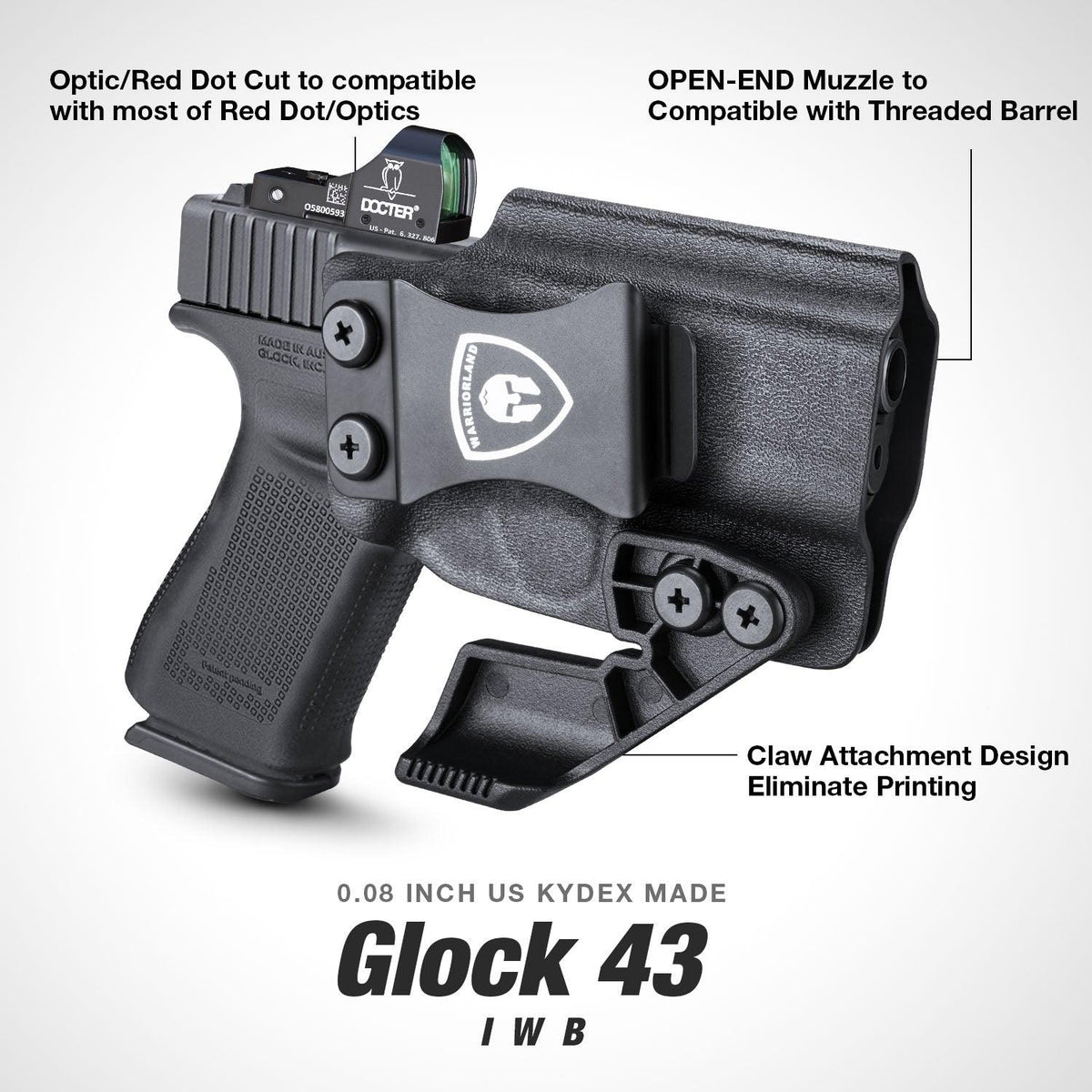 1.75 Inch Metal Clip IWB Kydex Holsters with Claw for Glock 43/43X  Red Dot Sight Optics Cut Trigger Guard Holster for big fat guys | Right Hand WARRIORLAND