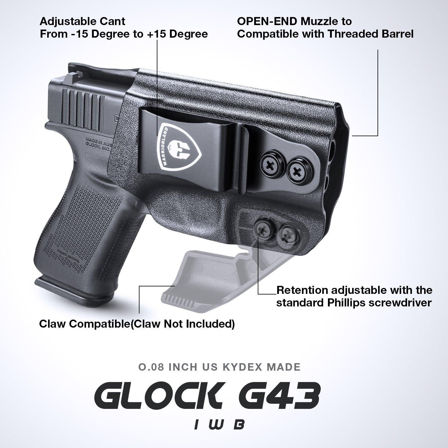 IWB Kydex Glock 43 43x Holster Adjustable Ride Height Metal Belt Clip | WARRIORLAND WARRIORLAND