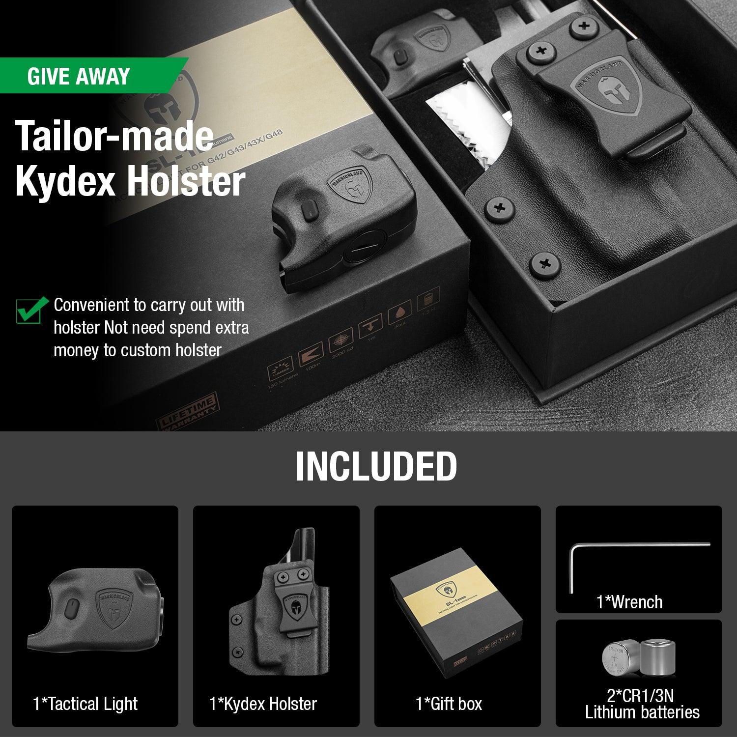 Mini Gun Light with Kydex Holster Custom Molded for Glock 43 / Glock 43X LED Tactical Pistol Handgun Flashlight | WARRIORLAND WARRIORLAND
