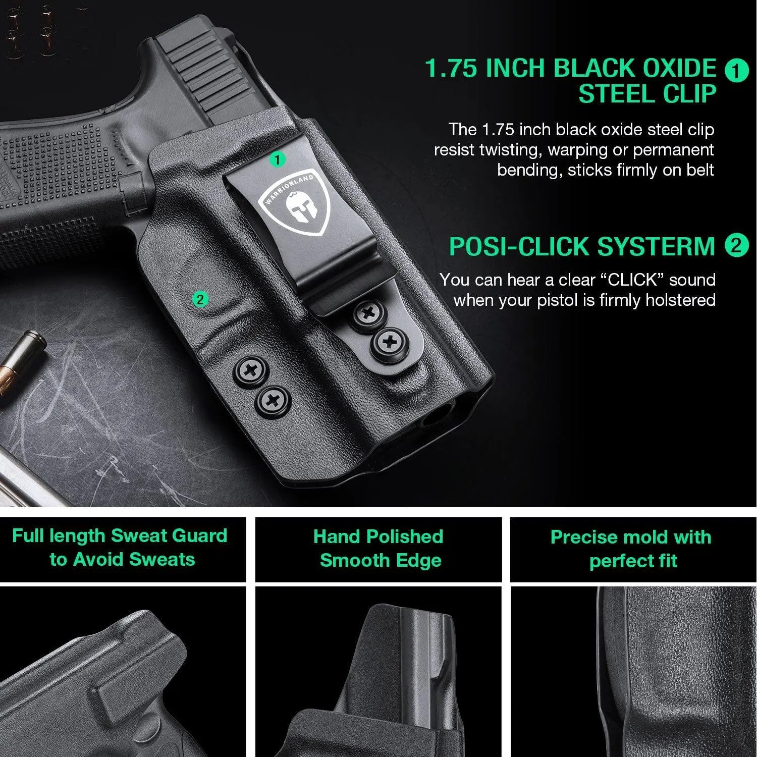 IWB Glock G17 Gen3-5 G19 Gen3-5 G19X G23 Gen3-4 G26 Gen3-5 G32 Gen3-4 G34 Gen3-5 G44 G45 Holster Adjustable Ride Height Metal Belt Clip | WARRIORLAND WARRIORLAND
