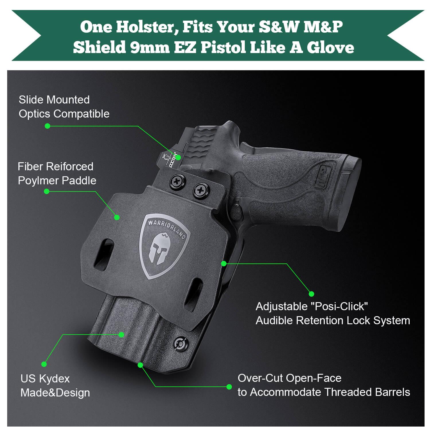 Kydex Appendix Open Carry OWB Paddle Holster with Red Dot Optics Cut for Smith & Wesson S&W M&P Shield 9mm 380 EZ Pistol Trigger Guard | WARRIORLAND WARRIORLAND