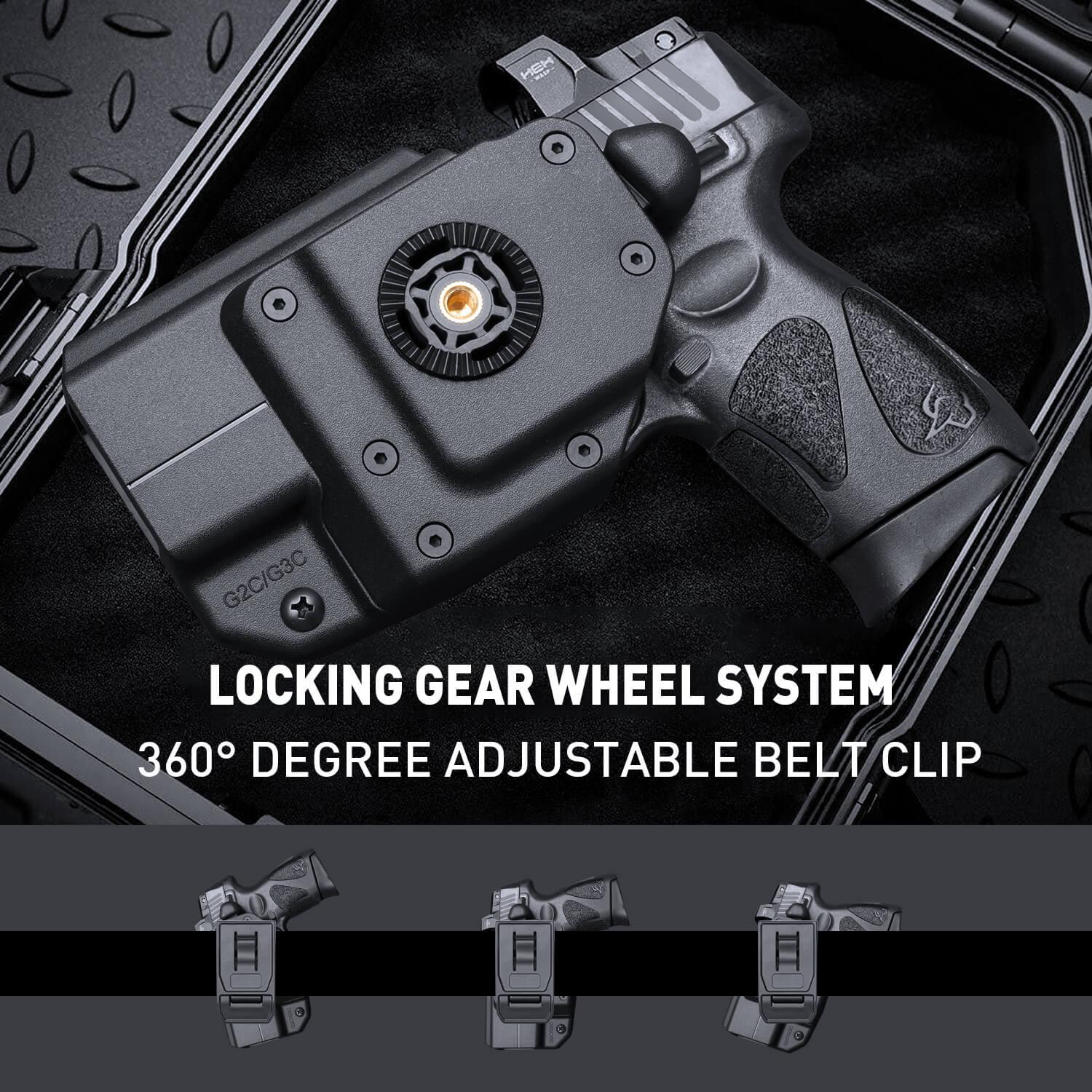 Taurus G2C Taurus G3C Taurus G3C TORO Taurus PT111 Millennium G2 Taurus PT140 Millennium G2 Polymer Level II Retention Thumb Release OWB Holster with Optic Cut- Incompatible with any Laser/Light WARRIORLAND