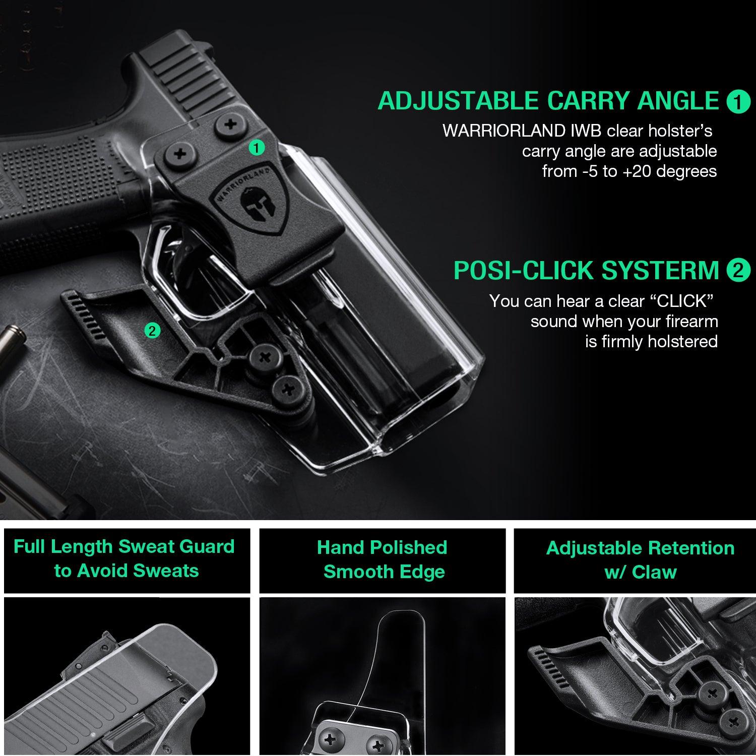 Clear Polymer IWB Holsters with Claw Glock 17/19/26/G34 Gen3-5、Glock 17/19 Gen 4-5 MOS、Glock G26/G34Gen5 MOS ,G23/G34Gen5 MOS G23/G32 Gen3-4 G19X  G44  G45  G45 MOS Red Dot Optics Cut Appendix Concealment Carry Trigger Guard | WARRIORLAND WARRIORLAND