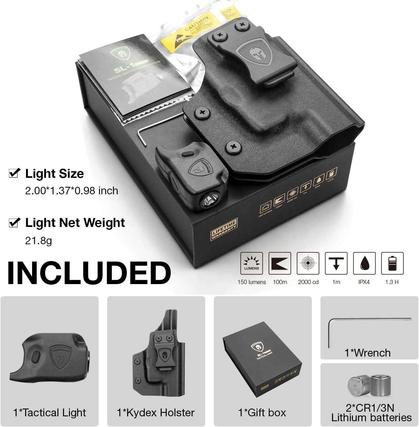 WARRIORLAND Mini Gun Light with Kydex Holster Tailored Made: G48 (Not Fit G48 MOS with Rail) Pistol, 150 Lumens G48 Handgun Light, LED Tactical Flashlight SL-1 Pistol Light WARRIORLAND