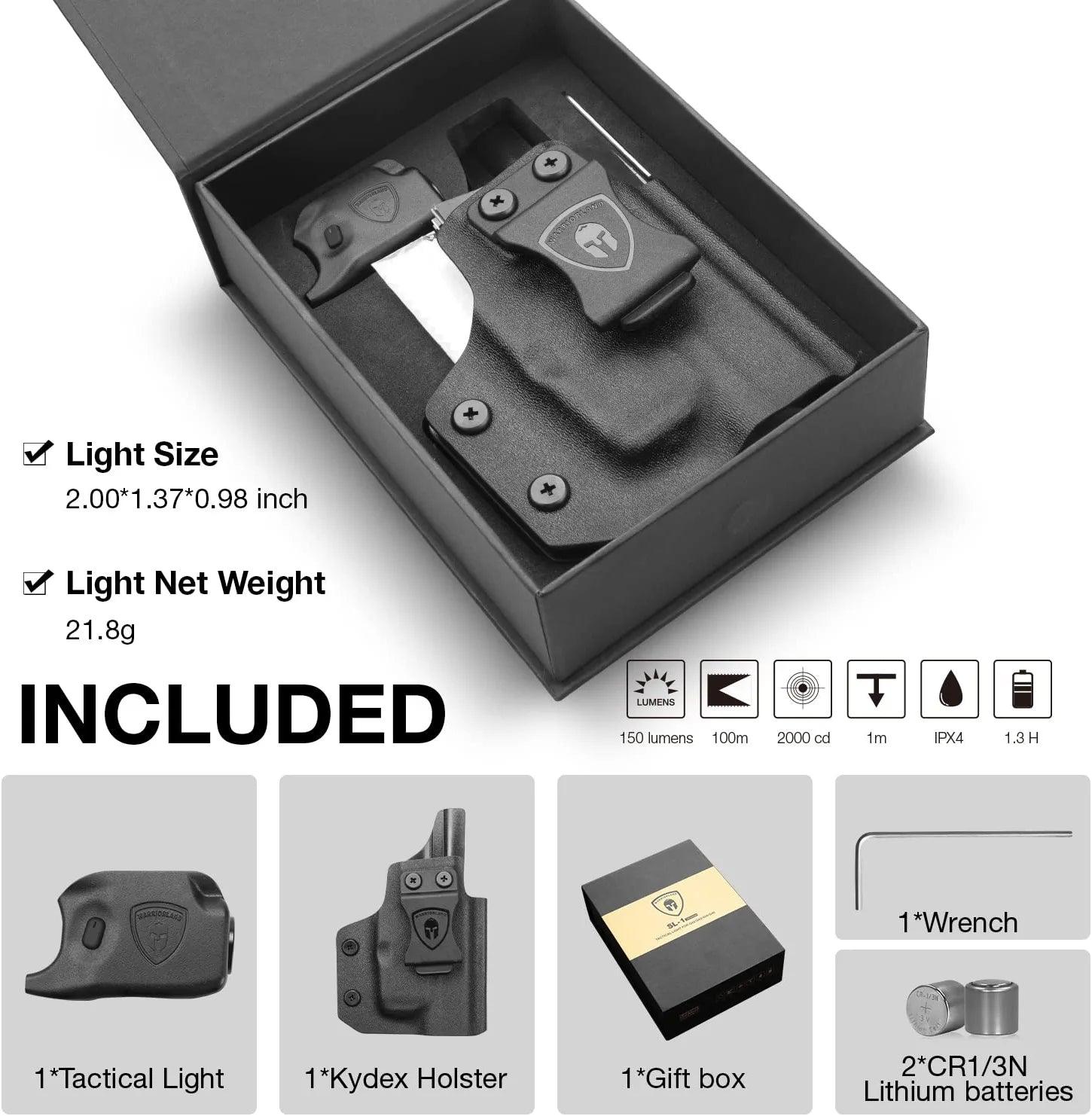 WARRIORLAND Mini Gun Light with Kydex Holster Tailored Made: G42 Pistol, 150 Lumens G42 Handgun Light, LED Tactical Flashlight SL-1 Pistol Light WARRIORLAND
