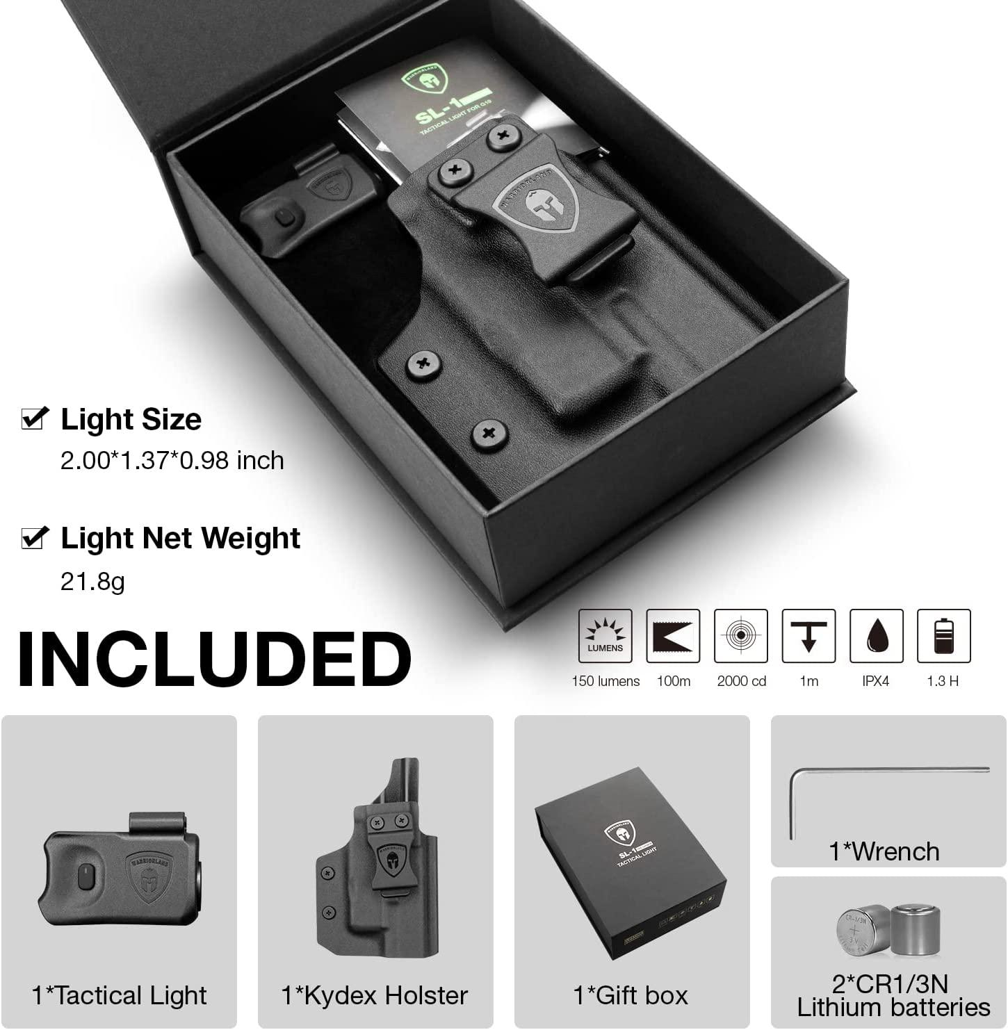 Mini Pistol Light with Kydex Holster Tailored Made: Glock 17/19/21/22 Gen 3 4 5 & G23/32 Gen 4 Pistol WARRIORLAND