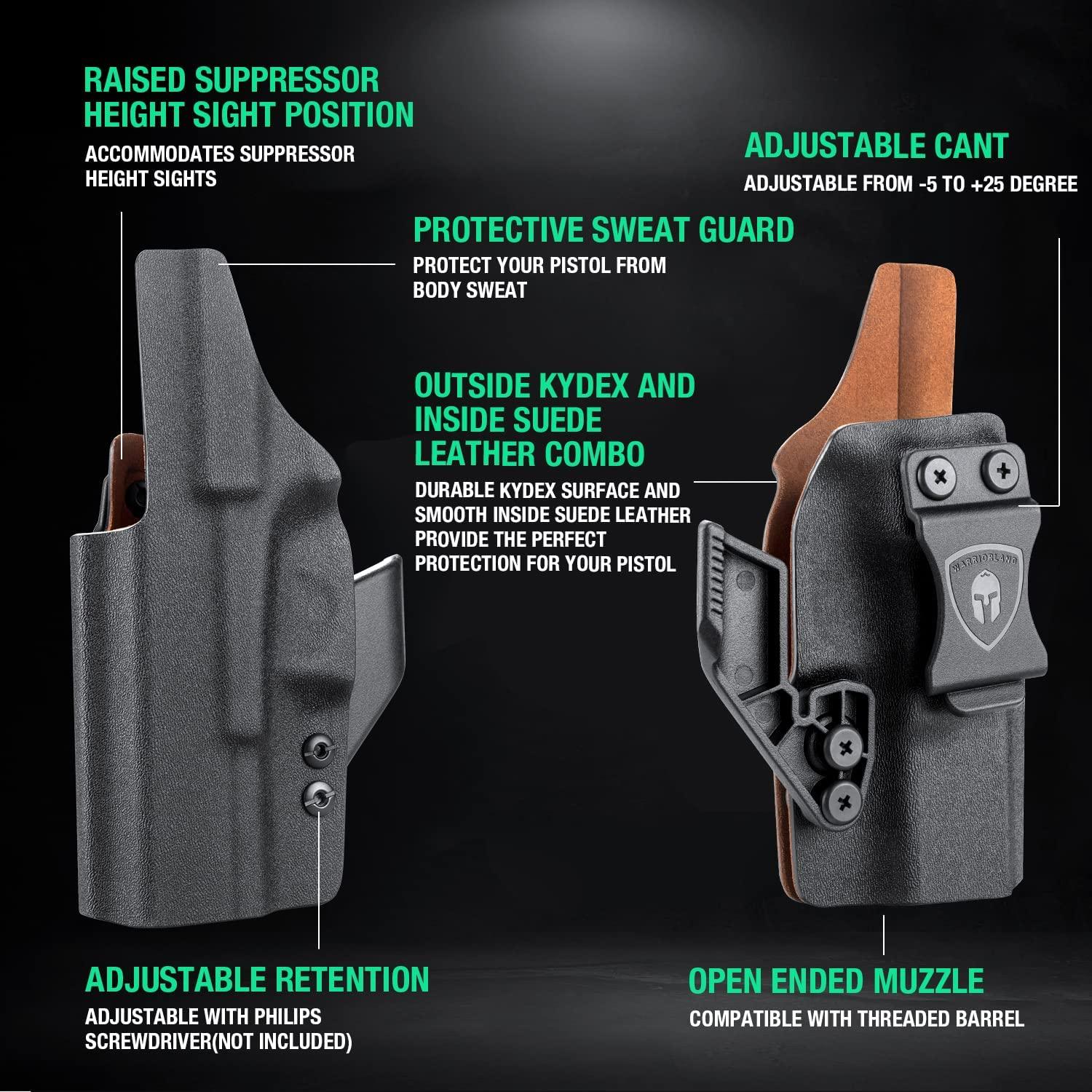 IWB Kydex Leather Lined Holsters with Optics Cut & Claw for Glock G17 Gen3-5 G19 Gen3-5 G19X G23 Gen3-4 G22 Gen3-4 G31 Gen3-4 G32 Gen3-4 G44 G45 WARRIORLAND