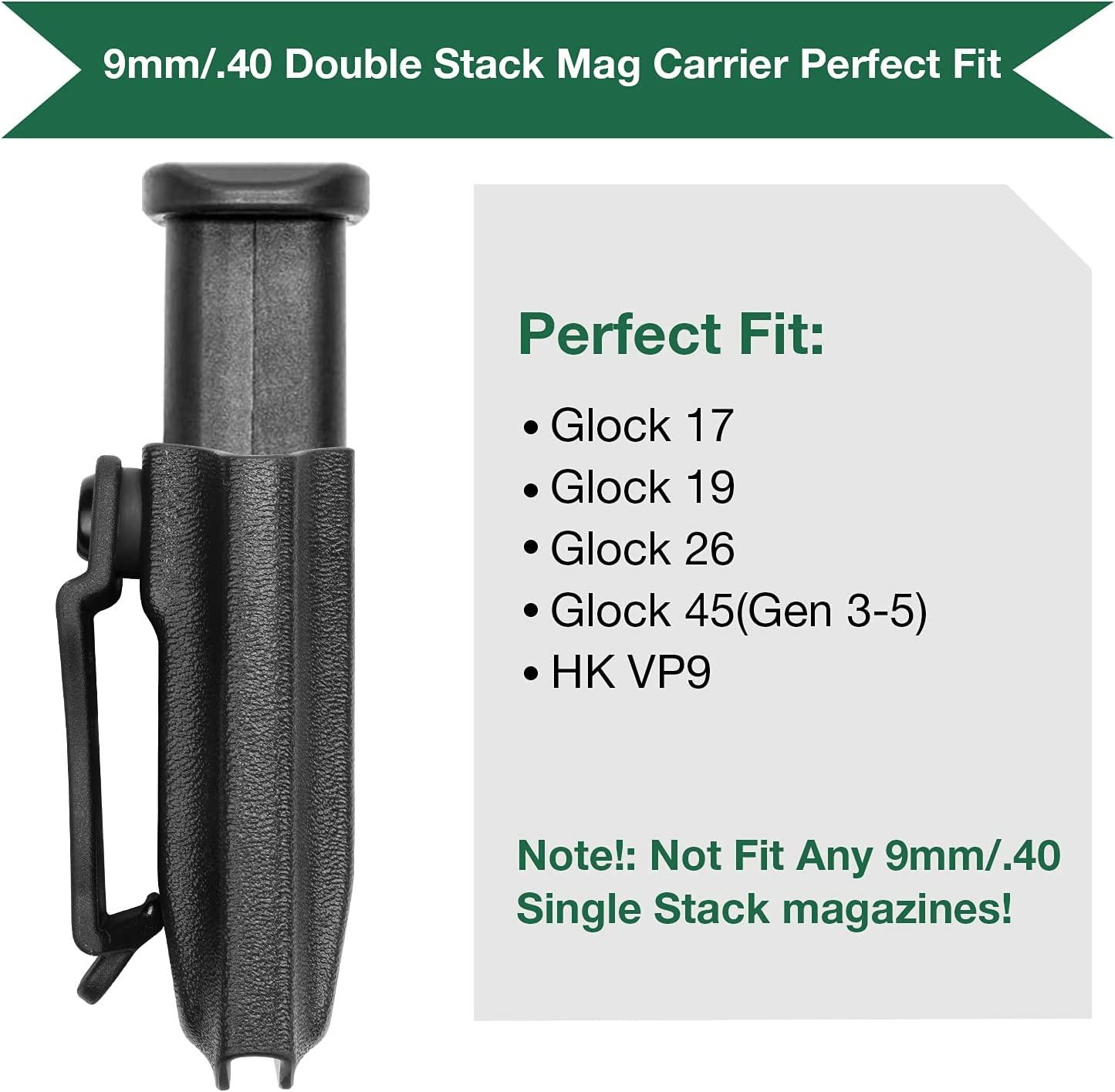Universal 9mm/.40 Double Stack Mag Carrier IWB/OWB Magazine Holster Option 1: Glock 17 19 26 45(Gen 3-5)/HK VP9, Option 2: Taurus G2C/G3C/Sig Sauer P365/P320/Hellcat/CZ P10C/Walther PPQ M1 WARRIORLAND