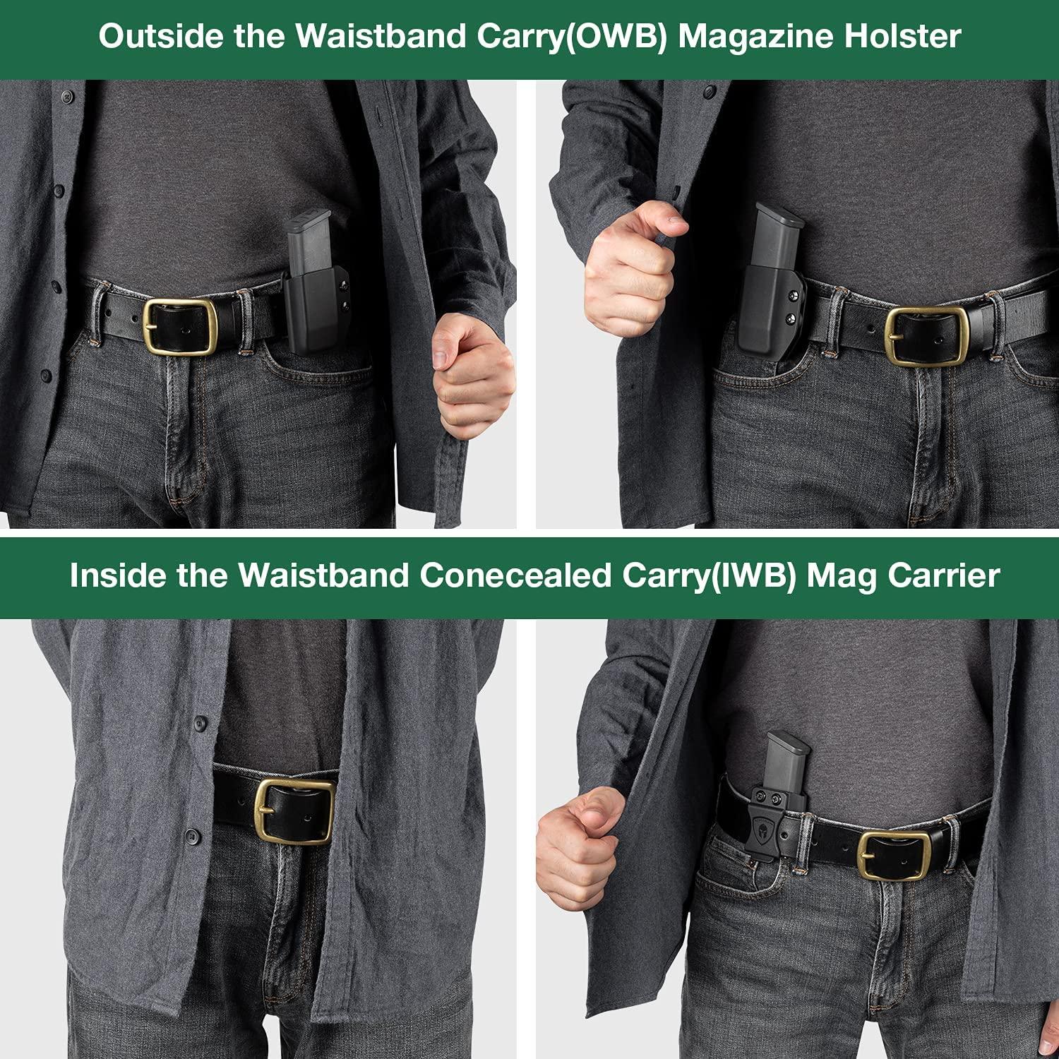 Universal 9mm/.40 Double Stack Mag Carrier IWB/OWB Magazine Holster Option 1: Glock 17 19 26 45(Gen 3-5)/HK VP9, Option 2: Taurus G2C/G3C/Sig Sauer P365/P320/Hellcat/CZ P10C/Walther PPQ M1 WARRIORLAND