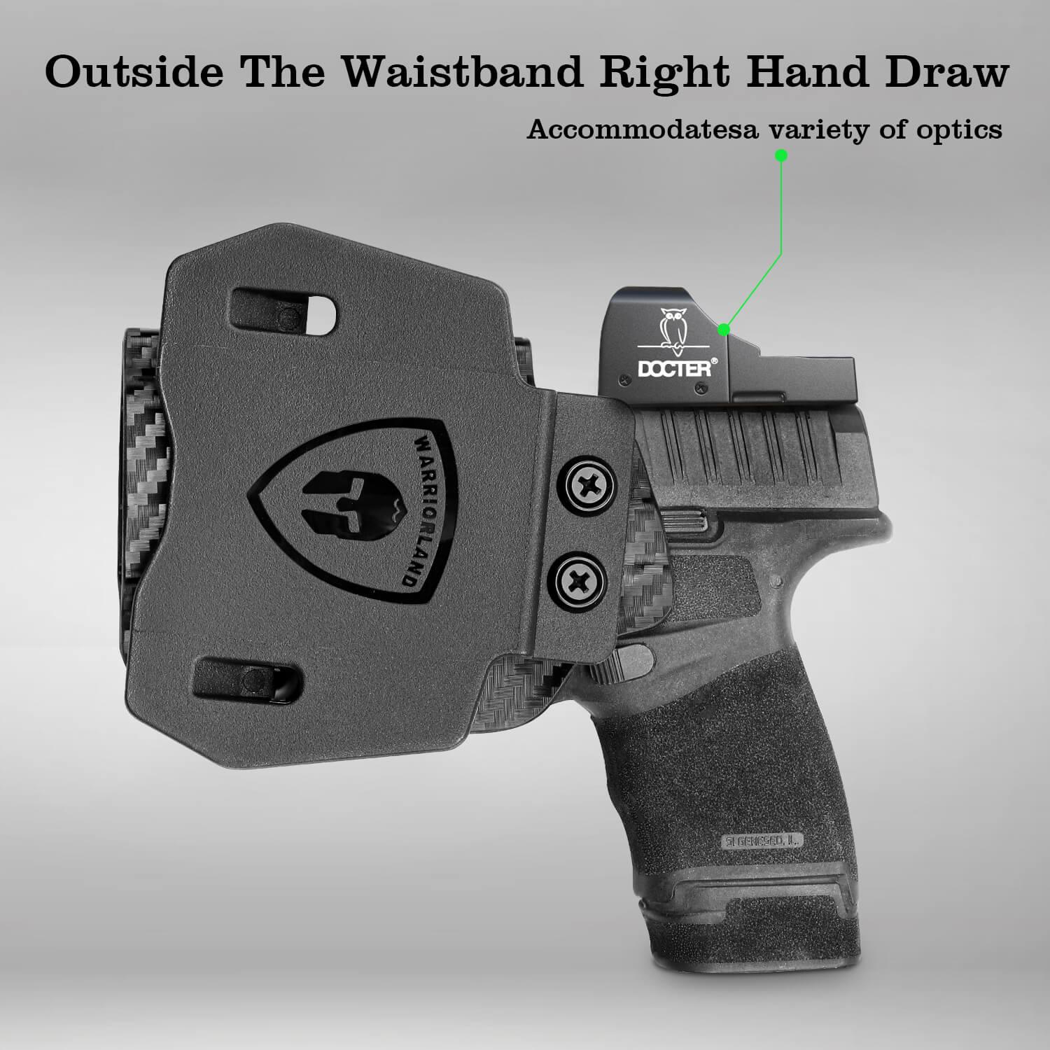 Springfield Armory Hellcat Pro Kydex OWB Paddle Holster with red dot sights optics cuts Trigger Guard Carbon Fiber | WARRIORLAND WARRIORLAND
