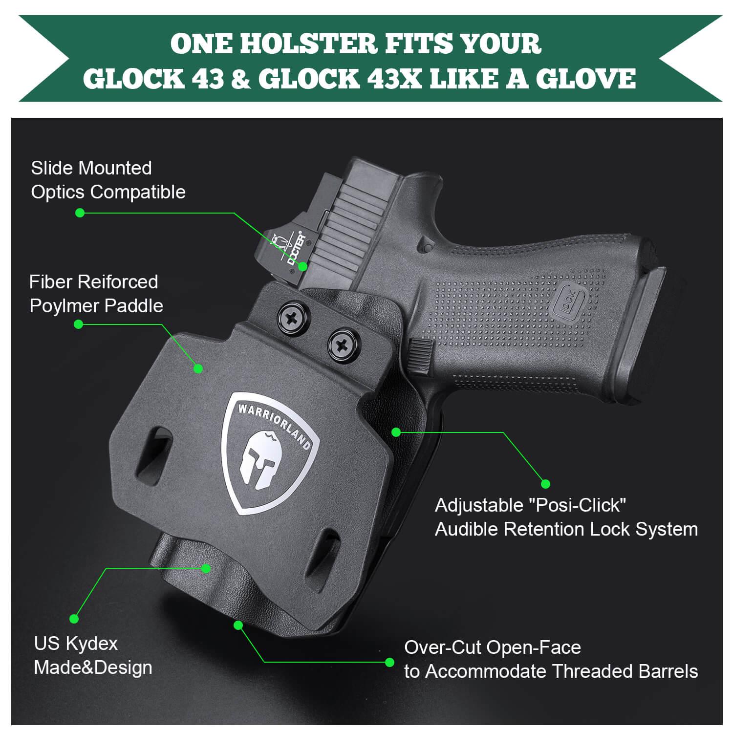 Kydex OWB Holster for Glock 43 43x with Paddle Appendix Open Carry Red Dot Optics Cut Trigger Guard Right/ Left | WARRIORLAND WARRIORLAND