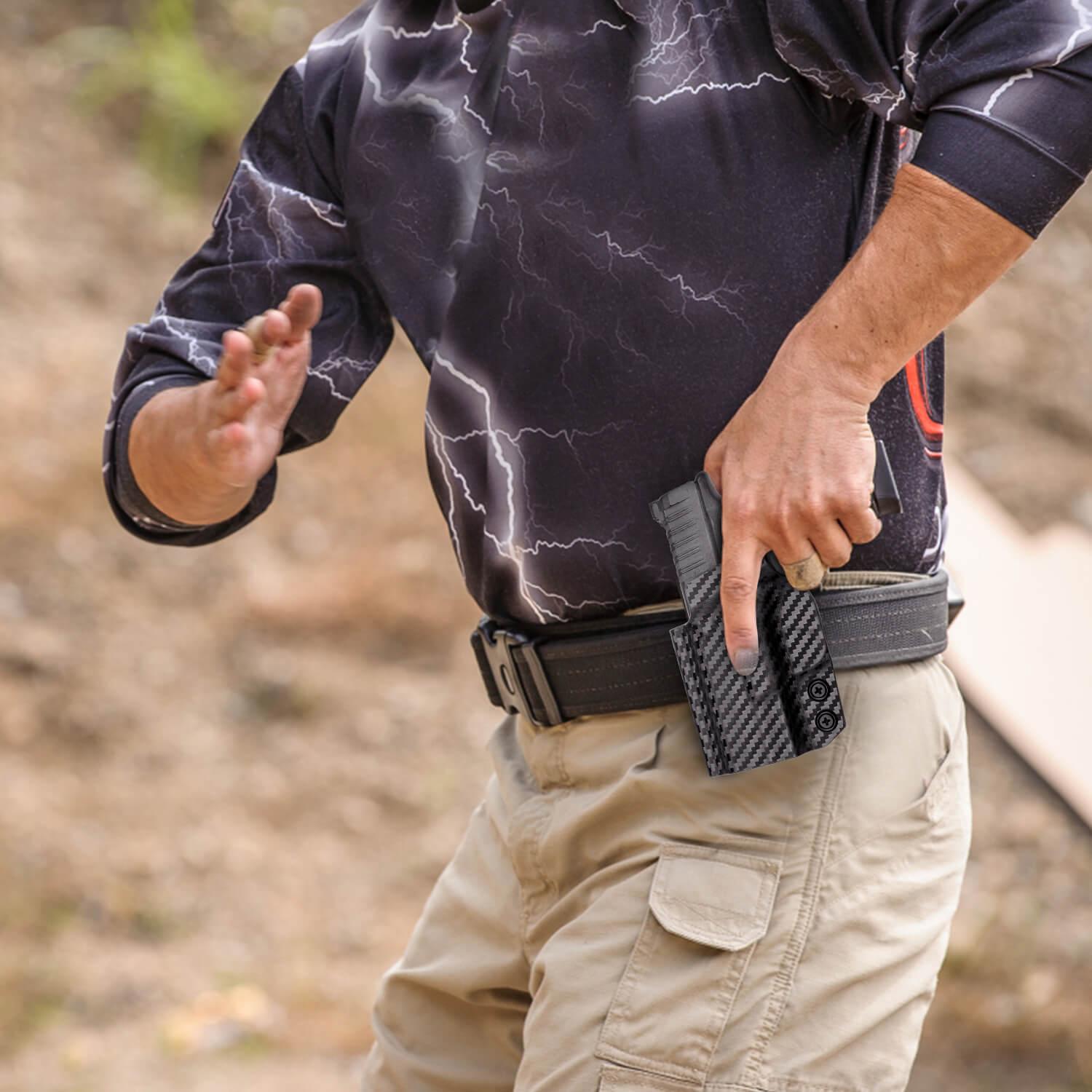 Springfield Armory Hellcat Pro Kydex OWB Paddle Holster with red dot sights optics cuts Trigger Guard Carbon Fiber | WARRIORLAND WARRIORLAND