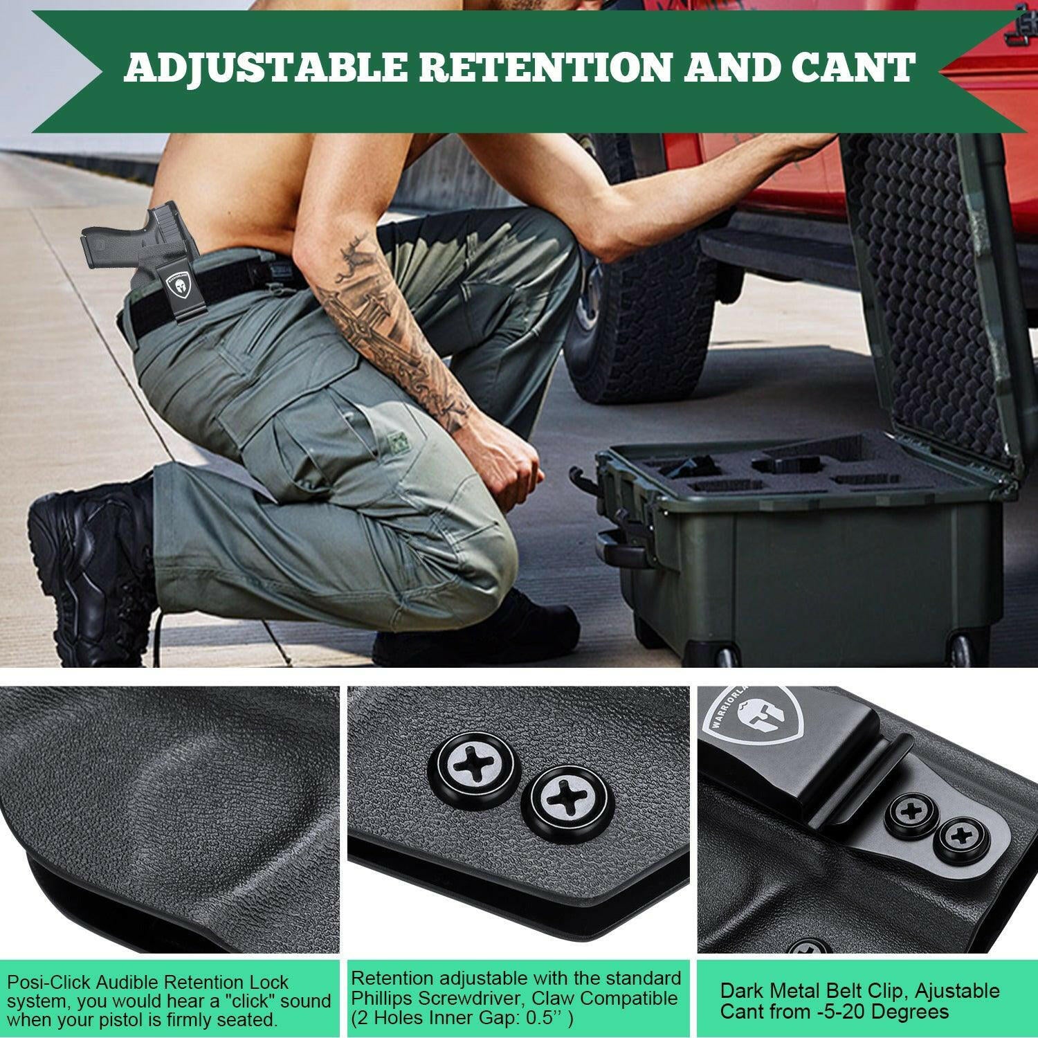 IWB Kydex Glock 43 43x Holster Adjustable Ride Height Metal Belt Clip | WARRIORLAND WARRIORLAND