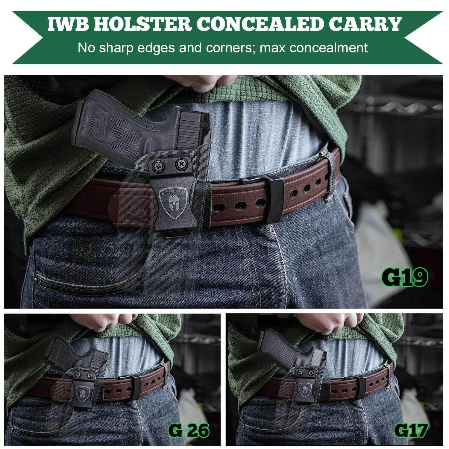 Glock 17/19/26 Gen3-5、Glock 17/19 Gen 4-5 MOS、Glock 34 Inside Waistband Holster Carbon Fiber Kydex  | WARRIORLAND WARRIORLAND