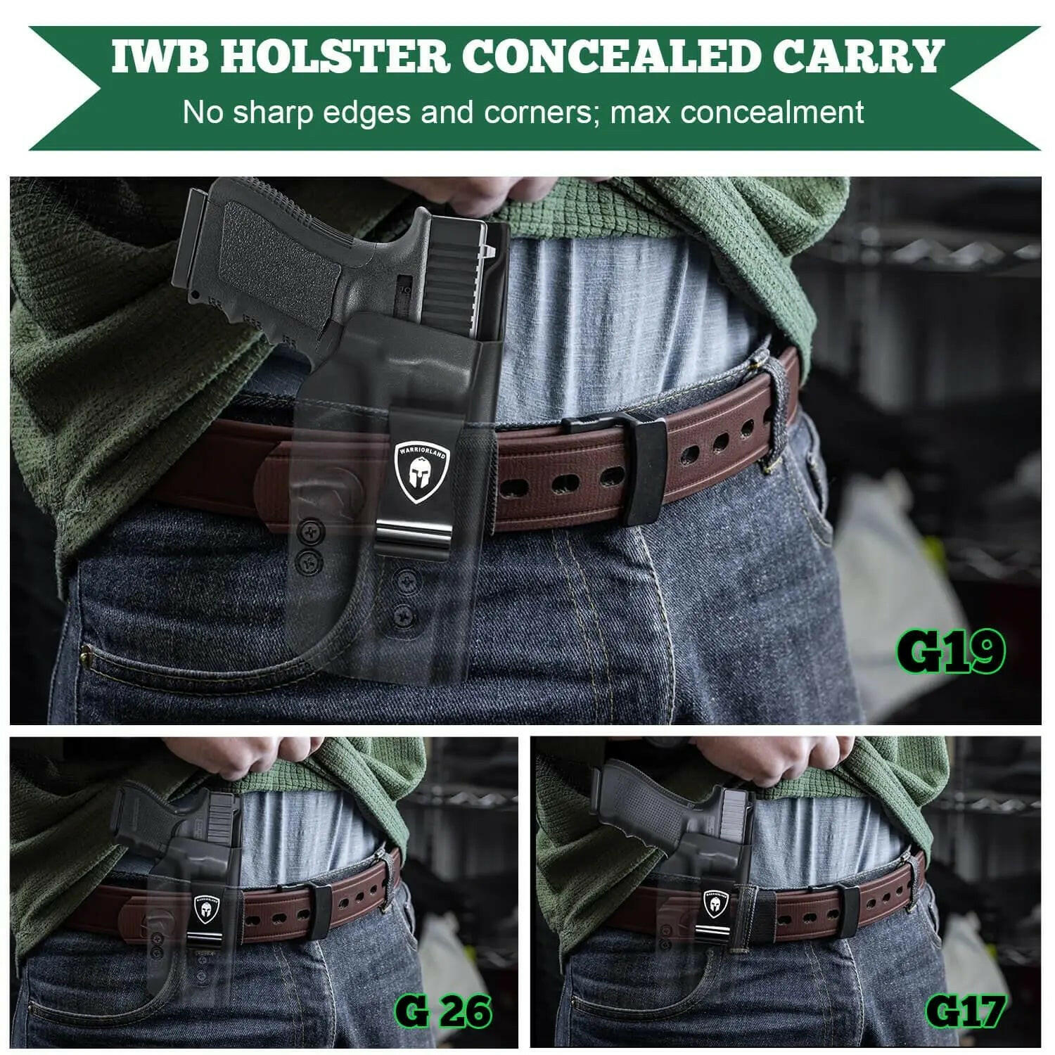 IWB Glock G17 Gen3-5 G19 Gen3-5 G19X G23 Gen3-4 G26 Gen3-5 G32 Gen3-4 G34 Gen3-5 G44 G45 Holster Adjustable Ride Height Metal Belt Clip | WARRIORLAND WARRIORLAND