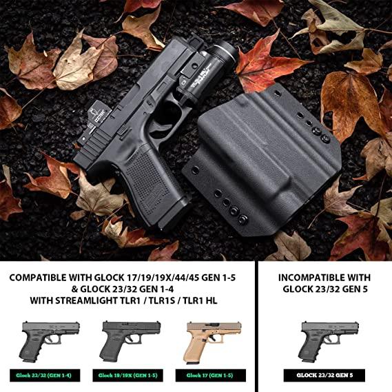 Kydex OWB Light Bearing Holster for Glock 17 19 23 32 Gen 4 5 19X 44 45 with Streamlight TLR 1 1S HL Light, Right Hand WARRIORLAND