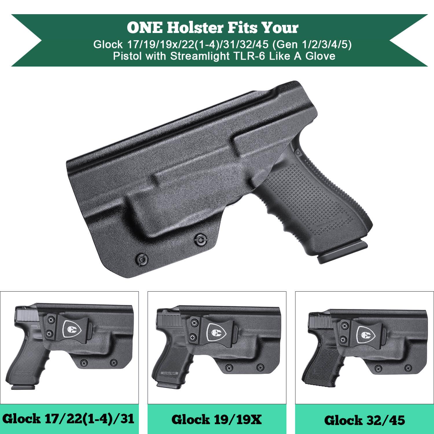 WARRIORLAND IWB Kydex Holster Compatible with Glock 17/19 Gen 3-5 & G23/32 Gen 3-4 & 19X/44/45 with TLR-6 /TLR-6 HL G, Inside Waistband Concealed Carry Holster, Adj. Cant & Retention WARRIORLAND