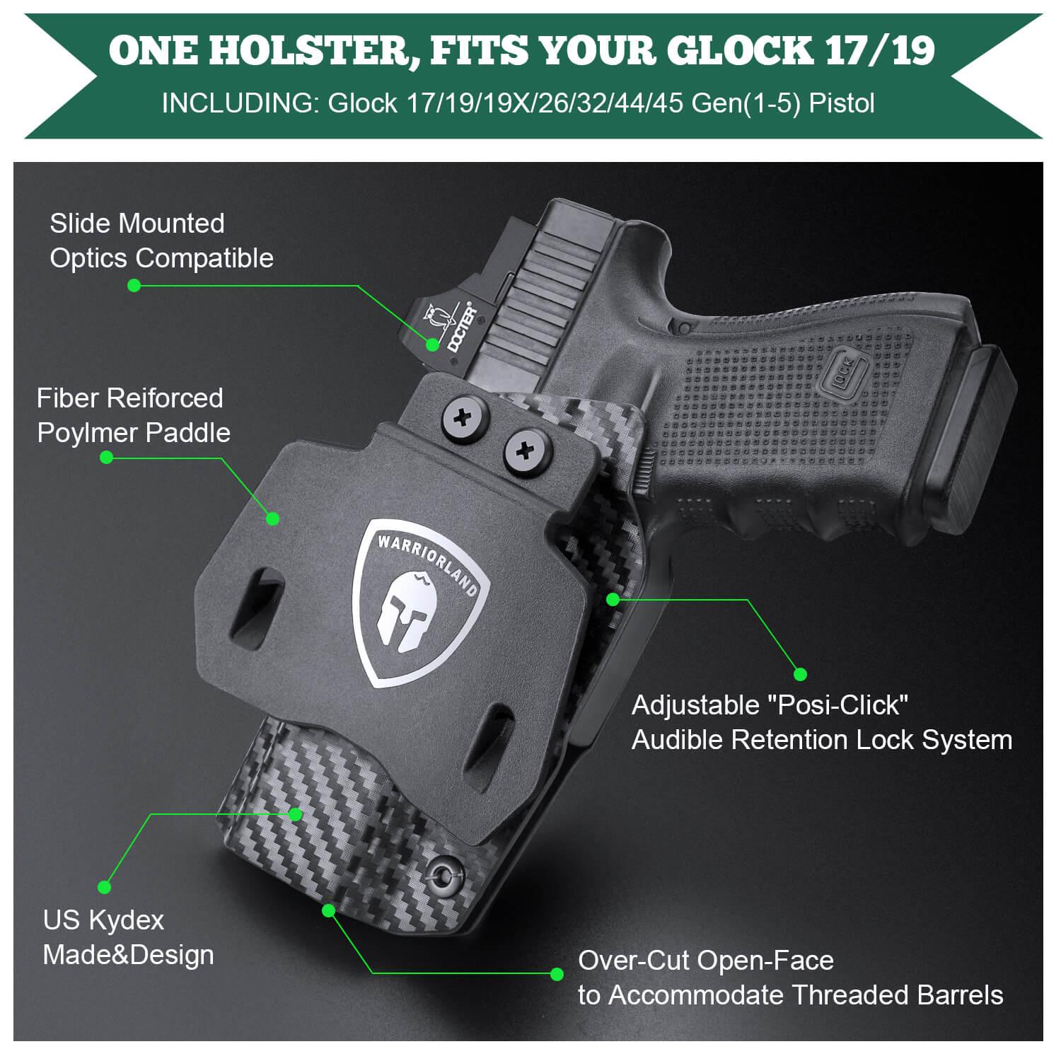 Glock G17/G19/34 Gen3-5 G17 Gen4 MOS G17 Gen5 MOS G19X G19 Gen4 MOS G19 Gen5 MOS G23 Gen3-4 G22 Gen3-4 G31 Gen3-4 G32 Gen3-4 G34 Gen5 MOS G44 G45 G45 MOS OWB Paddle Carbon Fiber Kydex with Red Dot Sights Optics Cut Trigger Guard | WARRIORLAND WARRIORLAND