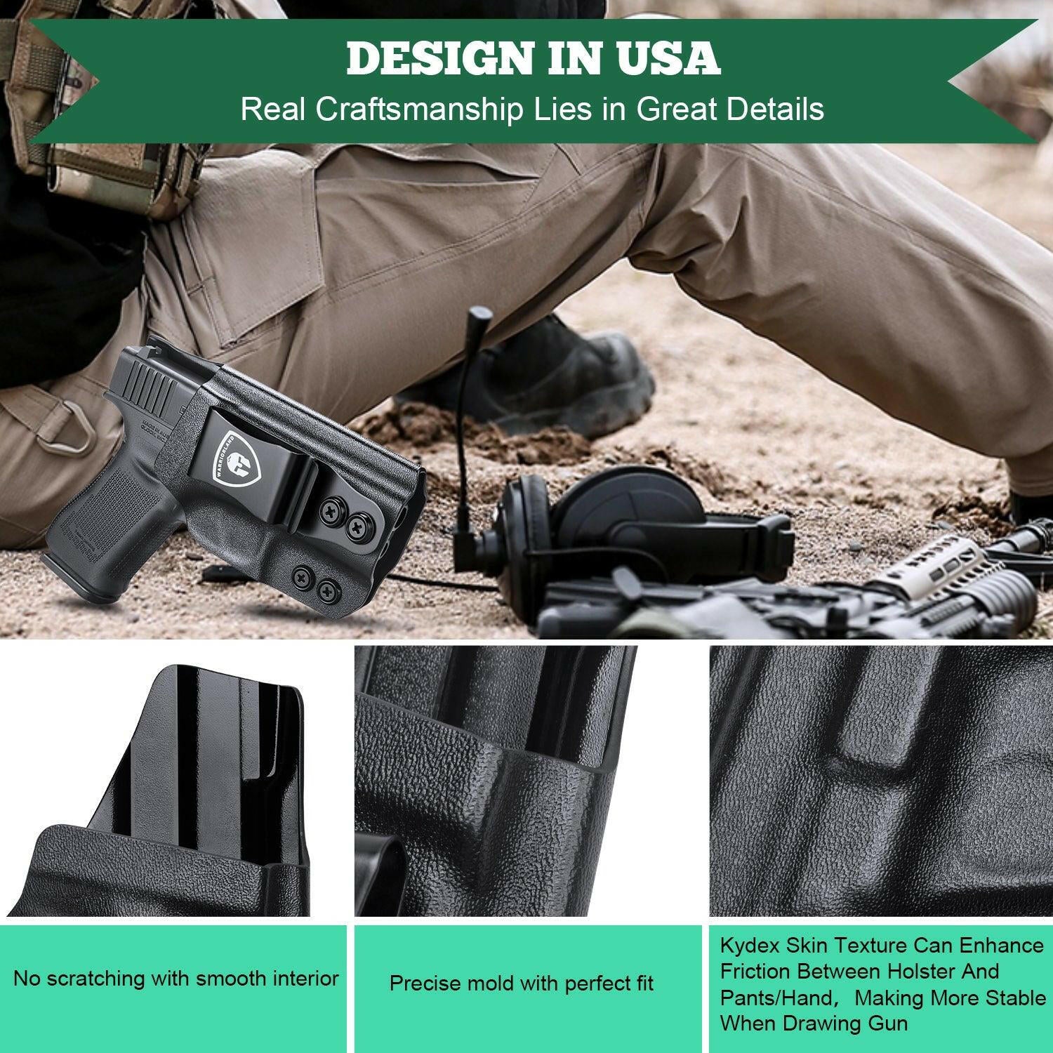 IWB Kydex Glock 43 43x Holster Adjustable Ride Height Metal Belt Clip | WARRIORLAND WARRIORLAND