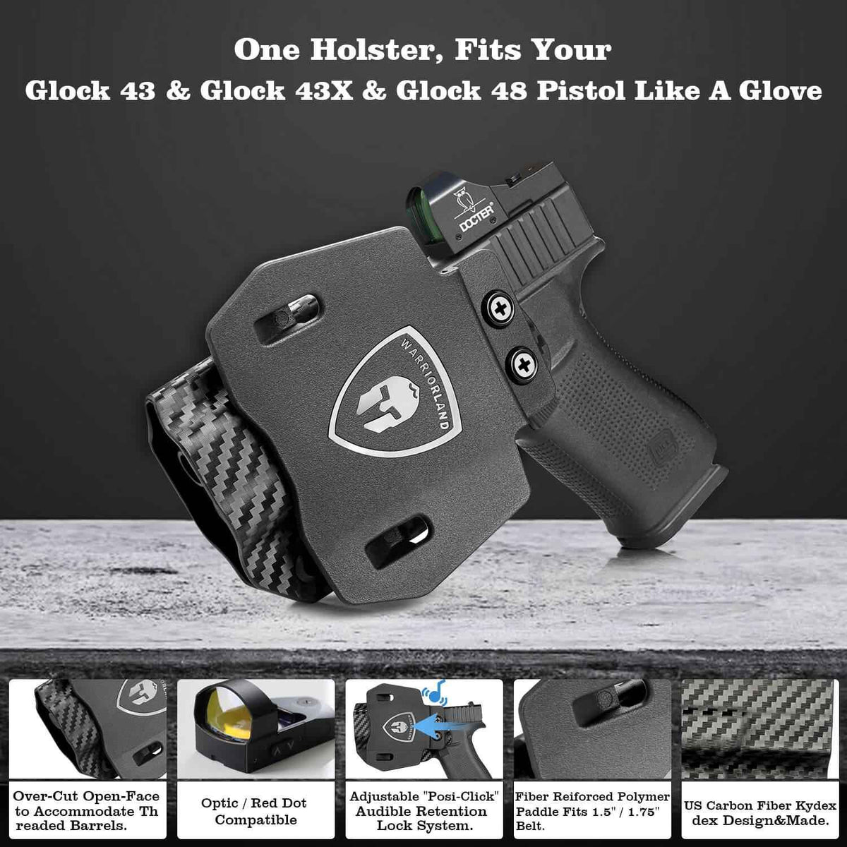 OWB Glock 43 43x Paddle Holster Carbon Fiber Kydex Appendix Open Carry Red Dot Optics Cut Fully Trigger Guard | WARRIORLAND