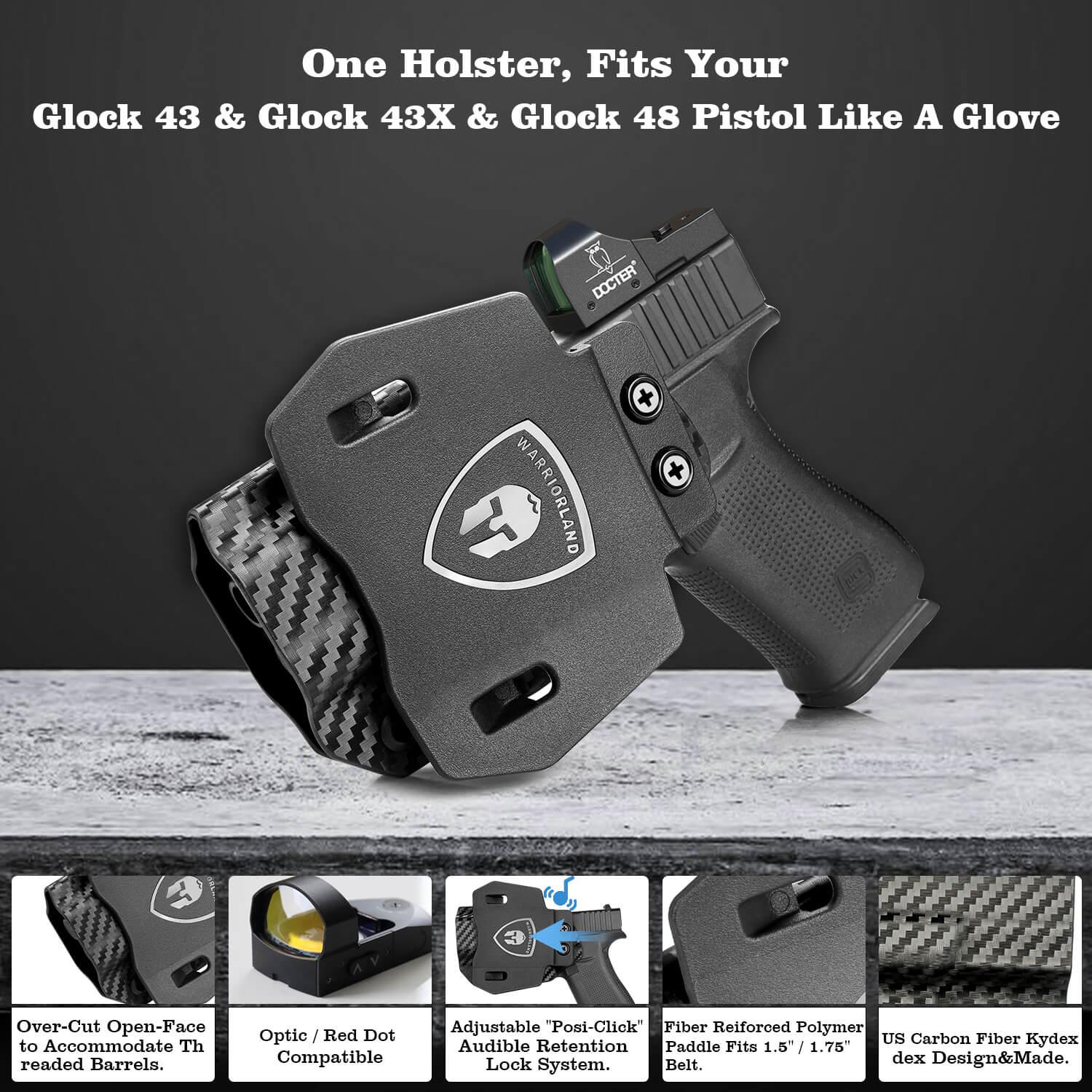 OWB Glock 43 43x Paddle Holster Carbon Fiber Kydex Appendix Open Carry Red Dot Optics Cut Fully Trigger Guard | WARRIORLAND WARRIORLAND