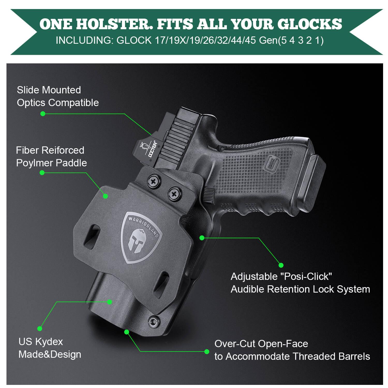 Kydex OWB Paddle Holster with red dot optics cut for Glock Glock G17/G19/34 Gen3-5 G17/G19/ Gen4 MOS G17/G19/G34 Gen5 MOS G19X G23 Gen3-4 G22 Gen3-4 G31 Gen3-4 G32 Gen3-4 G44 G45 G45 MOS version Right/Left Handed | WARRIORLAND WARRIORLAND
