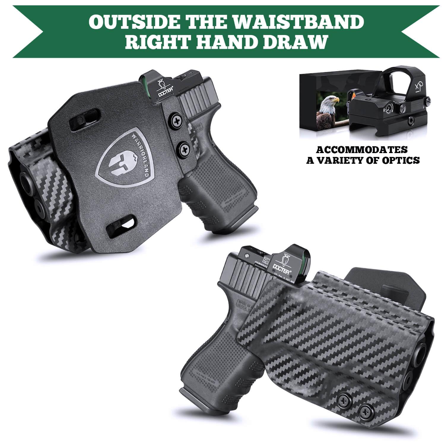 Glock G17/G19/34 Gen3-5 G17 Gen4 MOS G17 Gen5 MOS G19X G19 Gen4 MOS G19 Gen5 MOS G23 Gen3-4 G22 Gen3-4 G31 Gen3-4 G32 Gen3-4 G34 Gen5 MOS G44 G45 G45 MOS OWB Paddle Carbon Fiber Kydex with Red Dot Sights Optics Cut Trigger Guard | WARRIORLAND WARRIORLAND