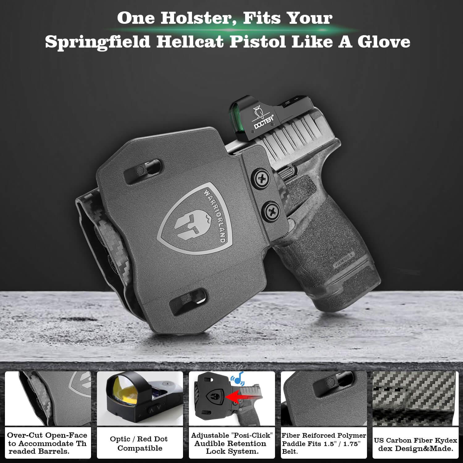 Springfield Armory Hellcat Pro Kydex OWB Paddle Holster with red dot sights optics cuts Trigger Guard Carbon Fiber | WARRIORLAND WARRIORLAND