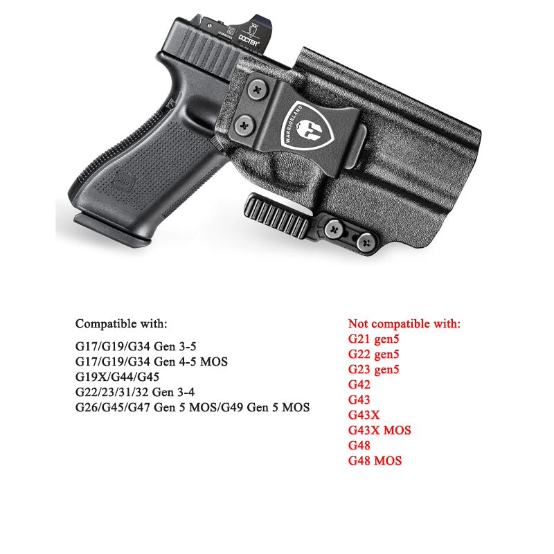 Glock 17 IWB Kydex Holster with Claw Attachment and Optic Cut: Glock 17/19/34 Gen3-5、Glock 17/19 Gen 4-5 MOS、Glock 23/22/31/32 Gen3-4,G19X /G44/45,G45 MOS Adj. Cant & Retention, Right Hand|WARRIORLAND