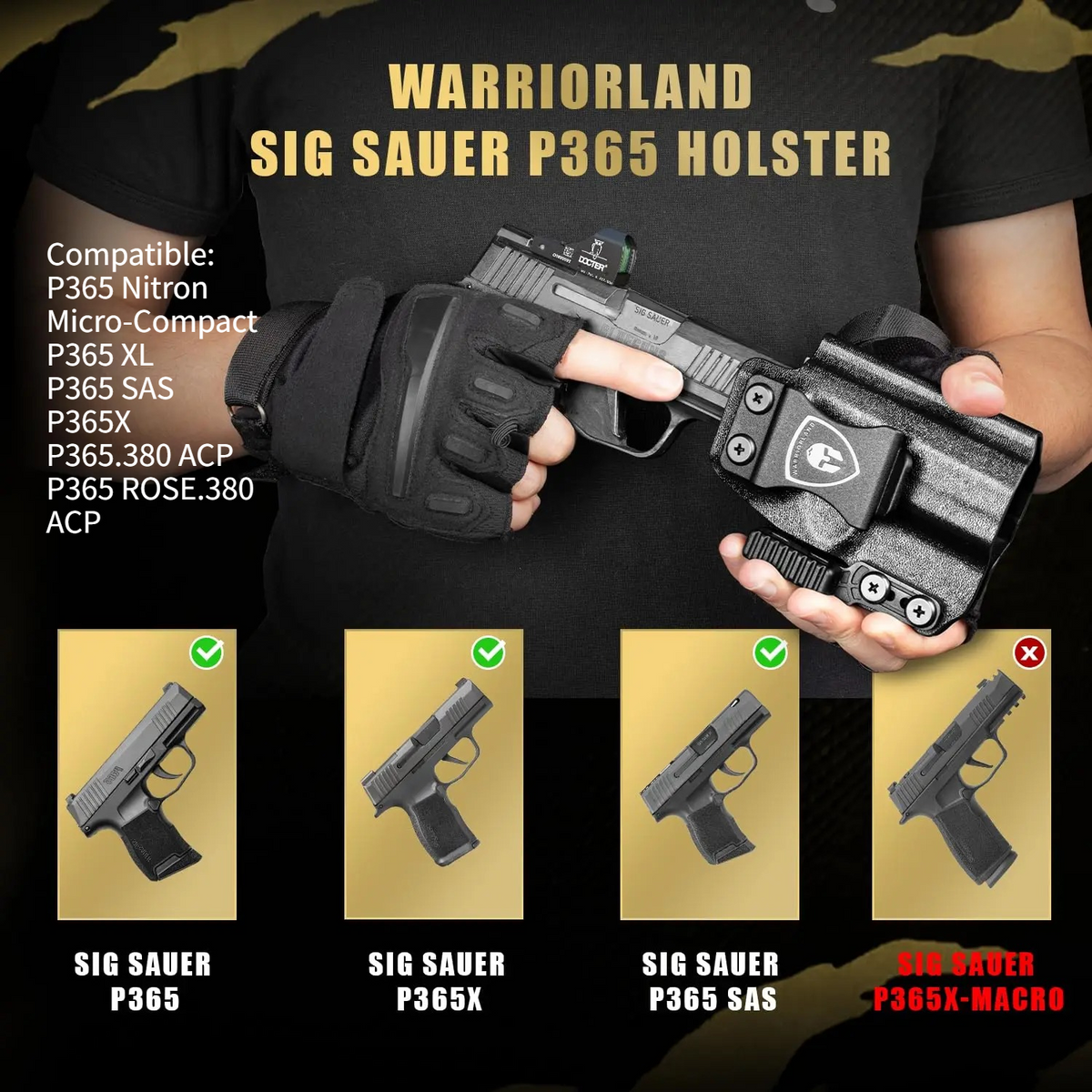Sig P365 IWB Kydex Holster with Claw Attachment and Optic Cut: Sig Sauer P365 P365 XL P365 SAS P365X P365.380 ACP P365 ROSE.380 ACP, Inside Waistband Appendix Carry P365 Holster, Adj. Cant & Retention, Right Hand|WARRIORLAND