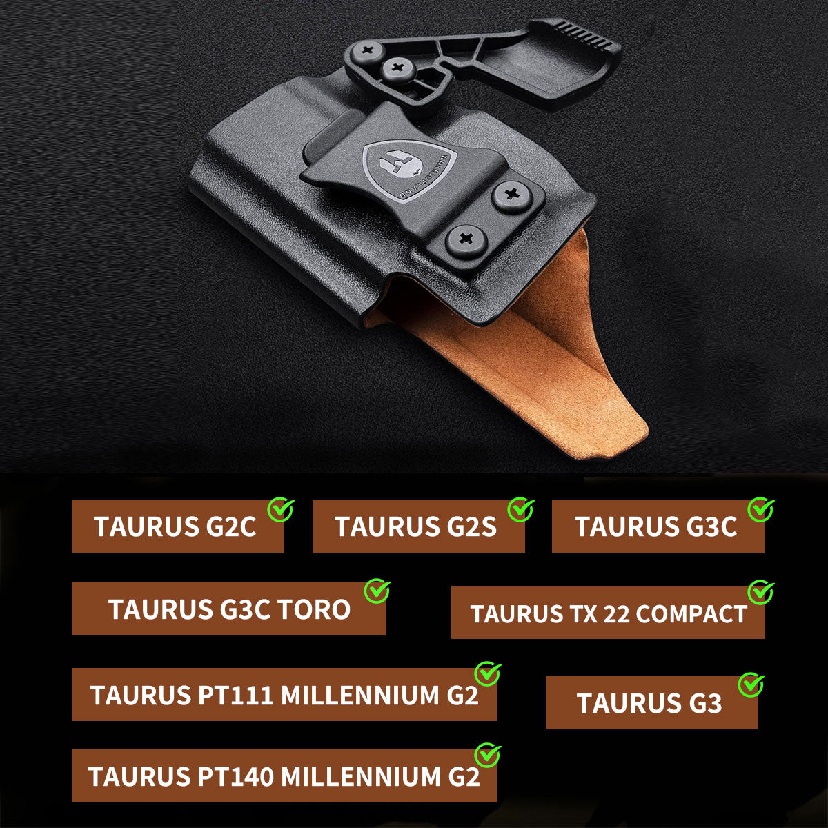 Kydex Leather Lined IWB Hybrid Holster w/ optics cut & claw wing for Taurus G2C Taurus G2S Taurus G3C Taurus G3C TORO Taurus G3 Taurus PT111 Millennium G2 Taurus PT140 Millennium G2 Taurus TX 22 COMPACT BB Big fat guys holster