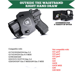 Glock G17/G19/34 Gen3-5  G17 Gen4 MOS  G17 Gen5 MOS  G19X  G19 Gen4 MOS  G19 Gen5 MOS  G23 Gen3-4  G22 Gen3-4 G31 Gen3-4 G32 Gen3-4  G34 Gen5 MOS   G44  G45  G45 MOS OWB Paddle Carbon Fiber Kydex with Red Dot Sights Optics Cut Trigger Guard | WARRIORLAND