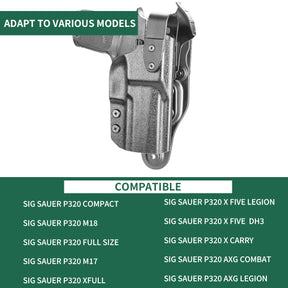 P320  Holster Level II Retention w/Hook Guard & Rotating Hood: Sig Sauer P320 Full Size/Compact/ P320 M17/P320 M18/P320 X Carry/P320 XFM/P320 AXG Combat/P320 X Five, Outside Waistband Holster Sig P320, Adj. Retention & Ride Height, Right|WARRIORLAND