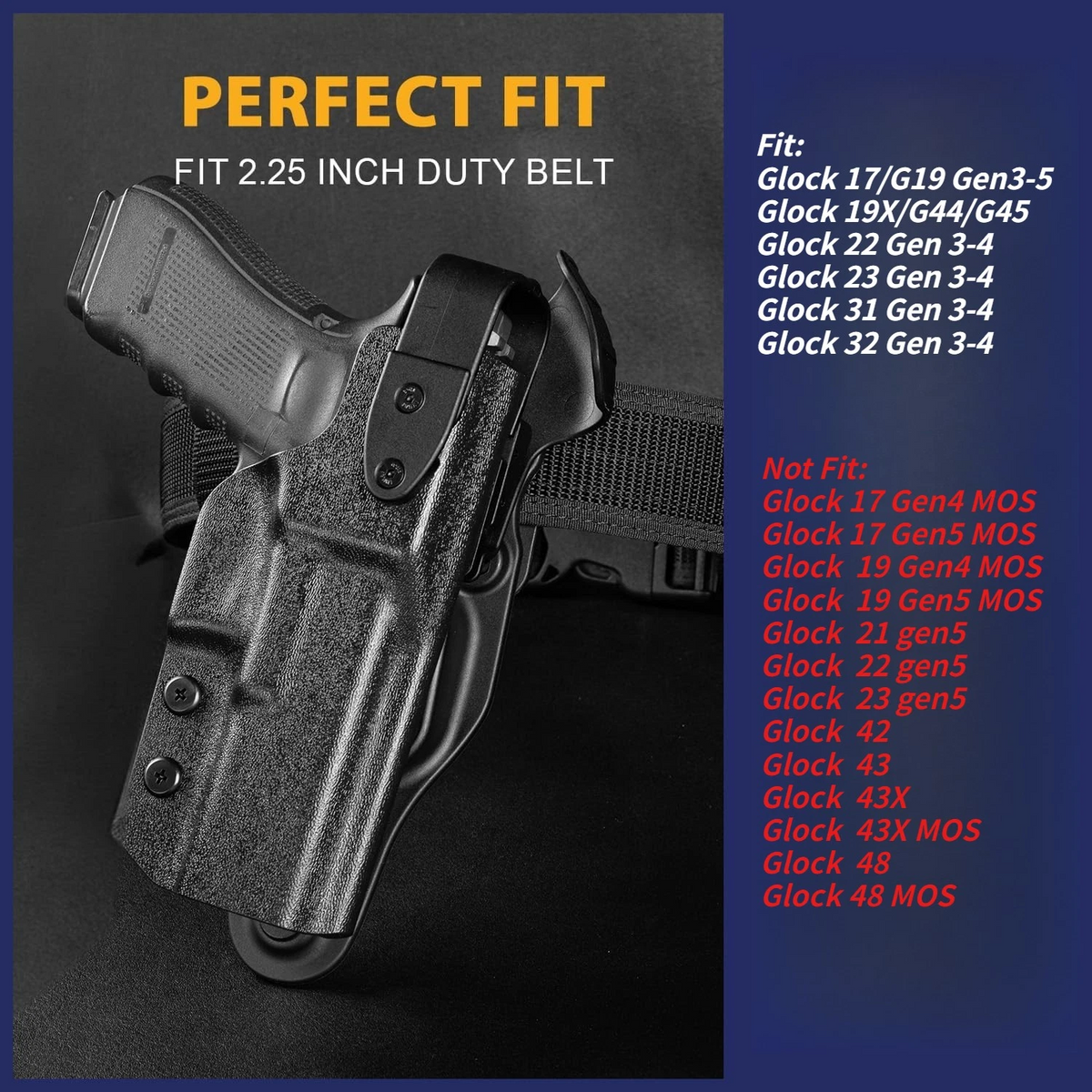 WARRIORLAND Level 2  Kydex Holster Compatible with Glock G17/G19/G34 Gen3-5  G17/G19 Gen4-5 MOS  G19X  G22/23/31/32 Gen3-4 G19X  G34 Gen5 MOS  G44  G45  G45 MOS, Adjustable Loop Fits Belt Width 1.5" - 2.0", Right Hand Thumb Release Holster