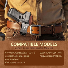 WARRIORLAND IWB Hybrid Holster Compatible with Glock 17/ 19 Gen 3-5 & 23/ 32 Gen 3-4 & G19X 44 45 & their MOS version, Concealed Carry Polymer & Leather Holster with Claw/Optics Cut Ready, Right Hand（Brown）