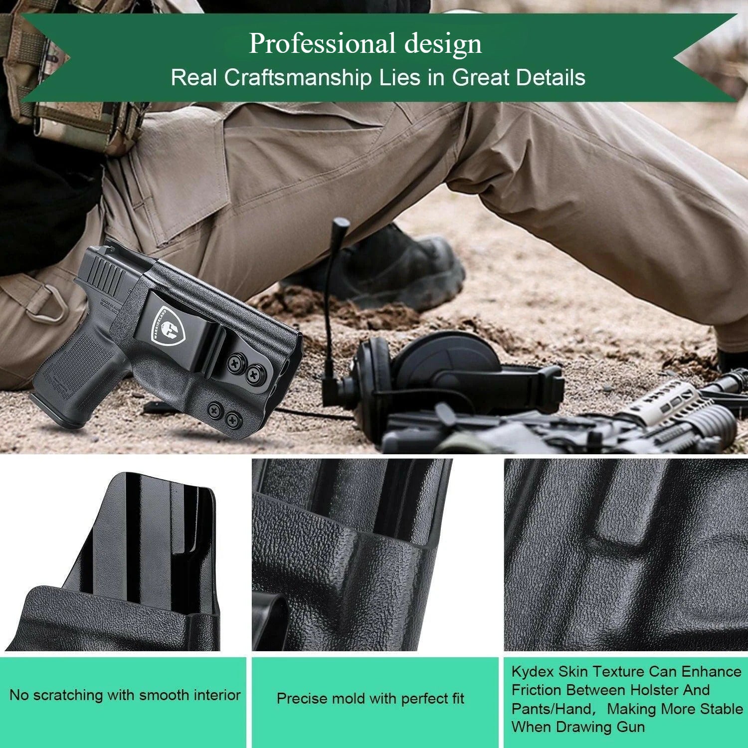 IWB Kydex Glock 43 43x Holster Adjustable Ride Height Metal Belt Clip | WARRIORLAND WARRIORLAND