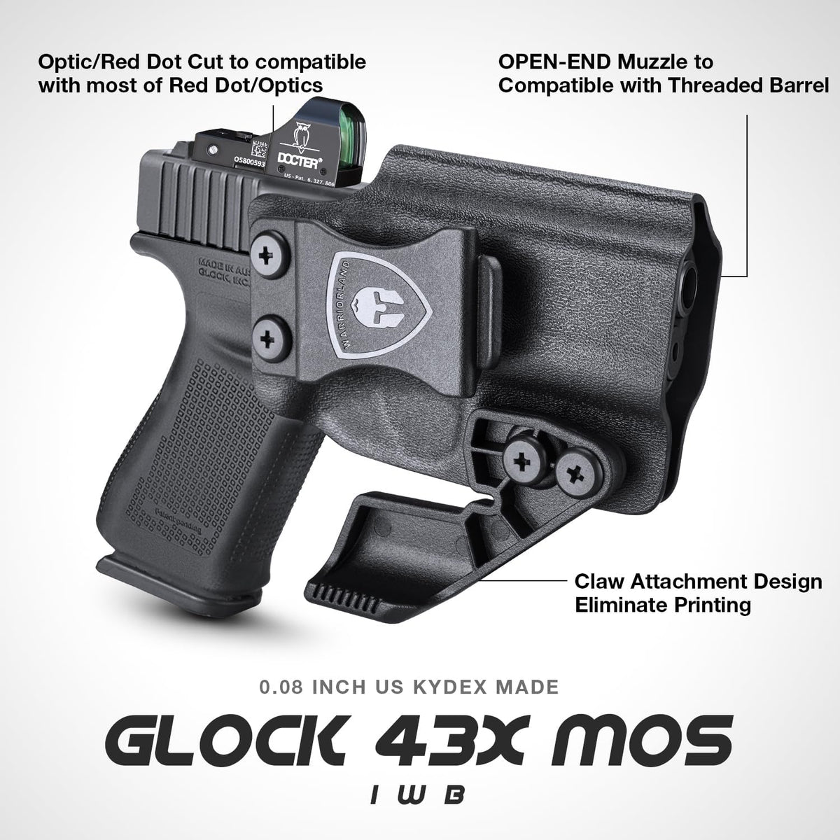 Glock 43X MOS IWB Kydex Holster with Claw, Also Fit 43/43x Red Dot Optics Ready Holster, Appendix Concealment Carry for Fat Guys, Right Hand | WARRIORLAND
