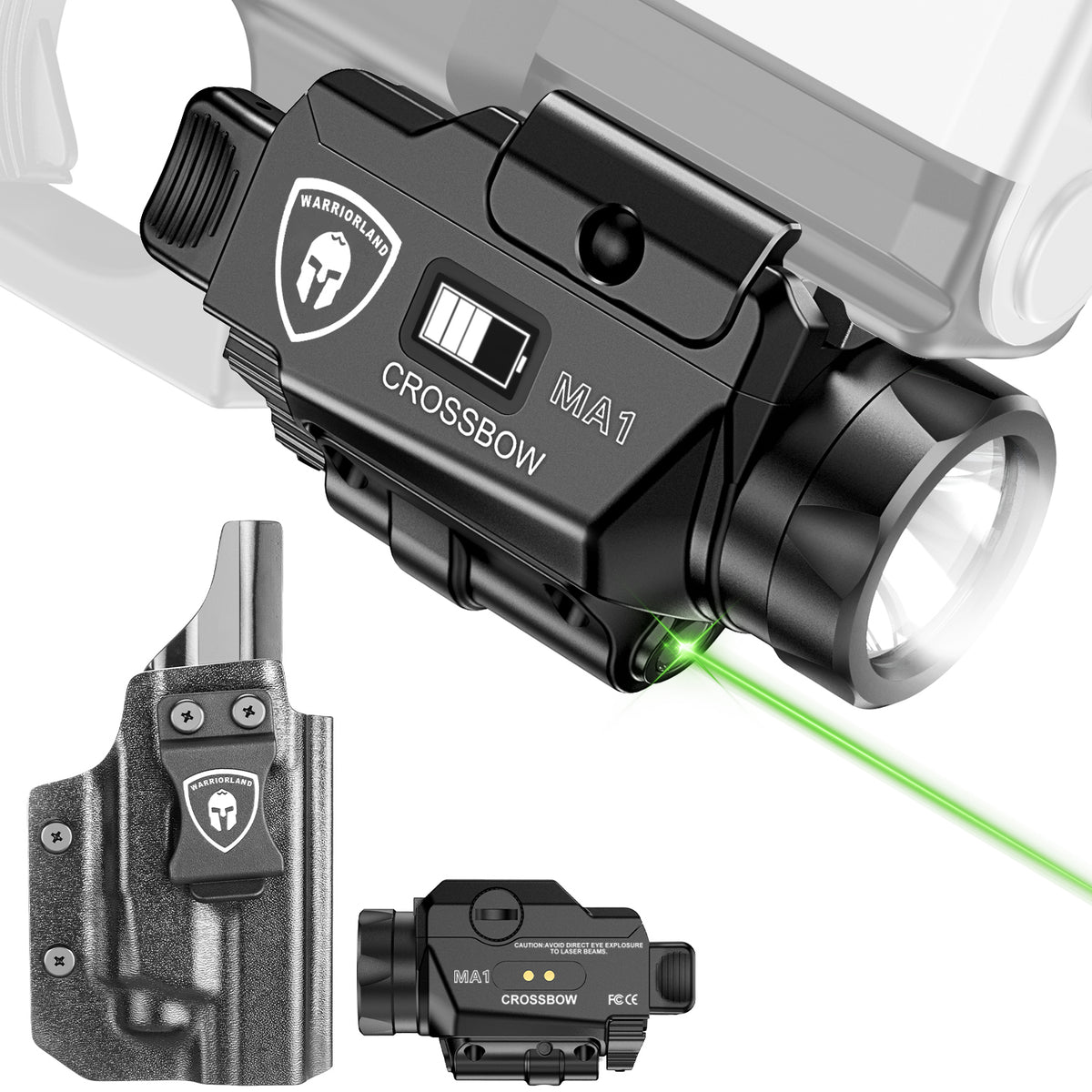 Universal Light Laser Combo with Glock 21 / G20/G22/G23 Gen 3 4 5 & G34 Gen 4 Holster, Tactical Green Laser Light USB Rechargeable, Screen Displays Battery Status, Crossbow MA1 w/ G21 Holster|WARRIORLAND