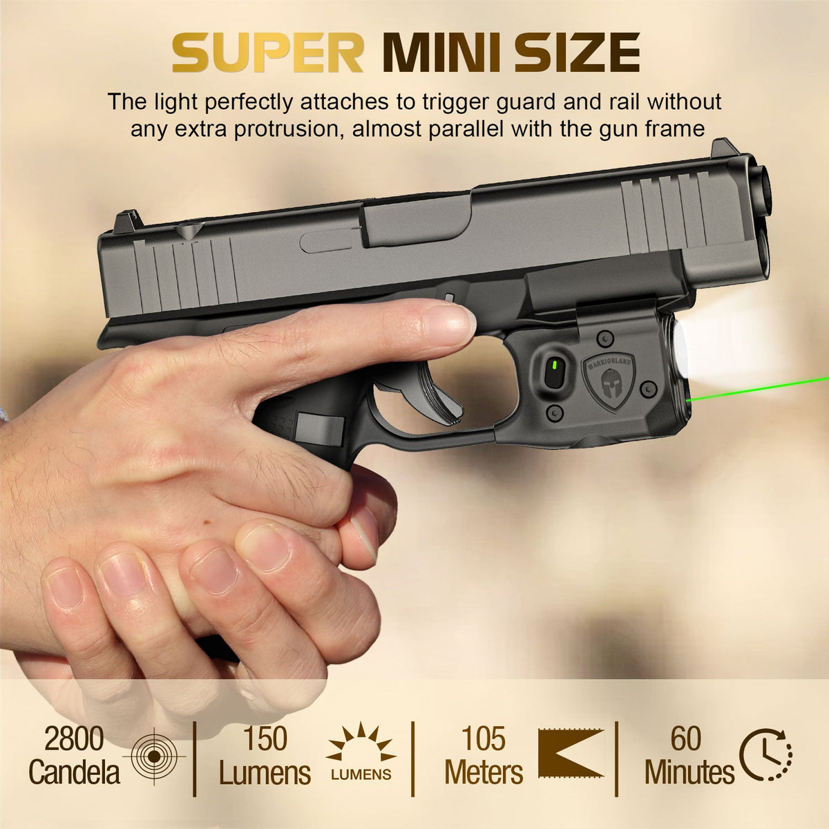 WARRIORLAND Pistol Light Laser Combo for Glock 43X MOS - 150 Lumen Tactical Flashlight & Green/Red Laser Sight，SLL-100 - WARRIORLAND