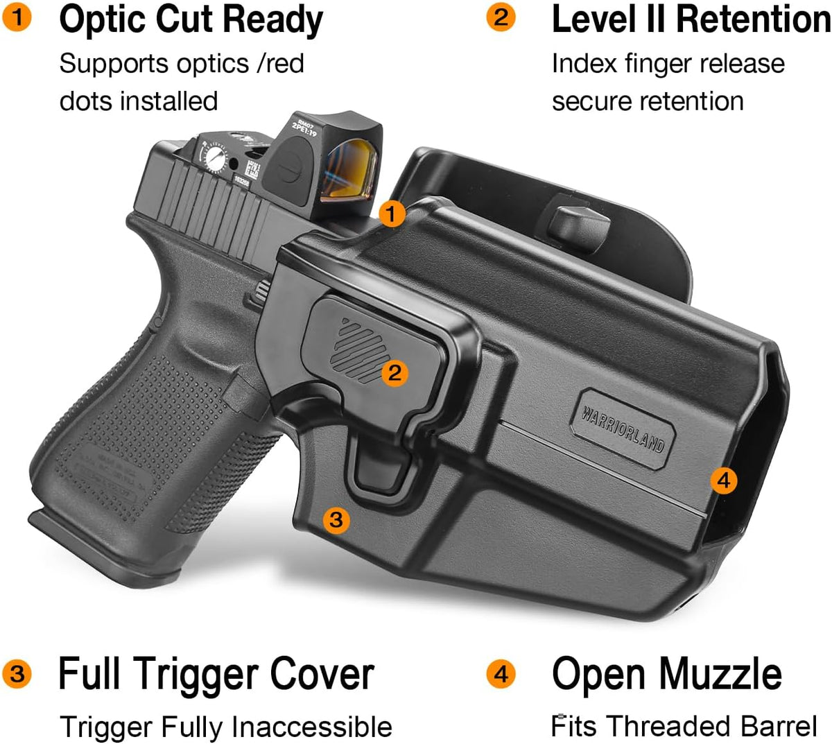WARRIORLAND Universal OWB Gun Holster w/Optic Cut Ready – Fits Most Popular Compact to Full Size Handguns with 4”–5.3” Barrel – Level II Retention, 360° Adjustable Paddle for 1.5-2.0" Belt, Right Hand