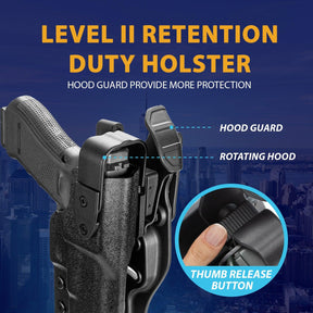 Glock 17 Duty Holster Level II Retention w/Hook Guard & Rotating Hood: Glock 17 Gen 3 4 5 & G22 G31 Gen 3 4, 2.25 Inch Outside Waistband Holster G17, Adj. Retention & Ride Height, Right|WARRIORLAND