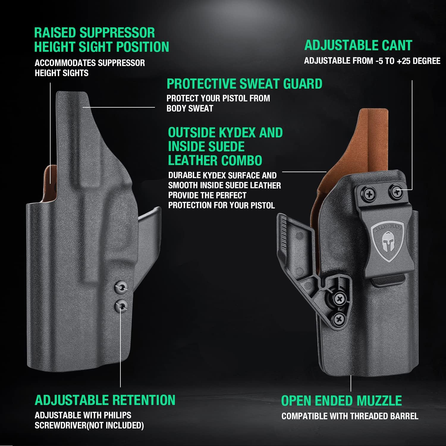 Glock 17 Gen(3-5)/G22/31 Gen(3-4) IWB Kydex Leather Lined Holsters with Optics Cut & Claw, Right Hand