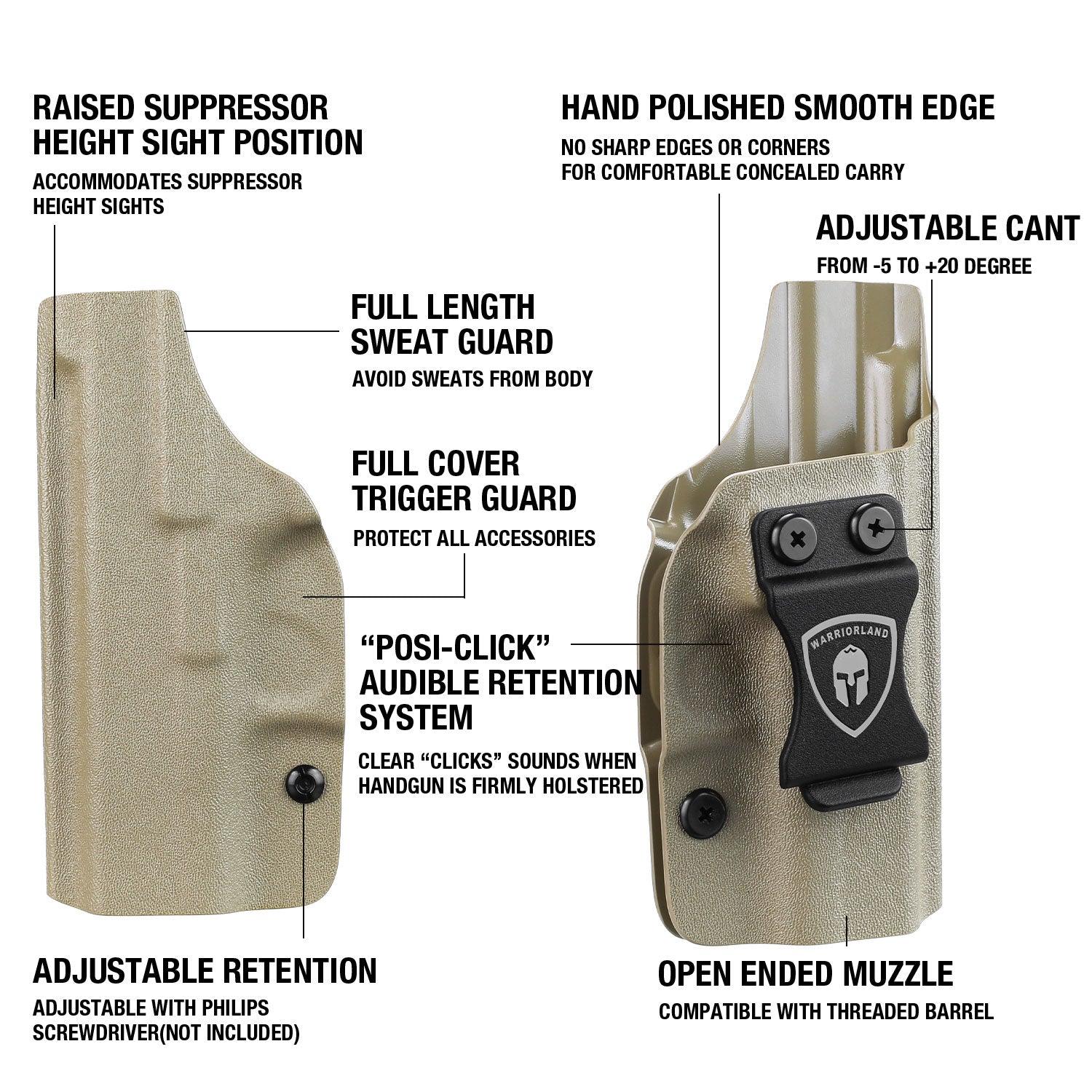 G43 / G43X & G43X MOS Holster, IWB Tan Color Kydex Holster Compatible with 43 / 43X / 43X MOS Pistol, Inside Waistband Appendix Carry, Adj. Posi-Click Retention & Cant, Right Hand|WARRIORLAND