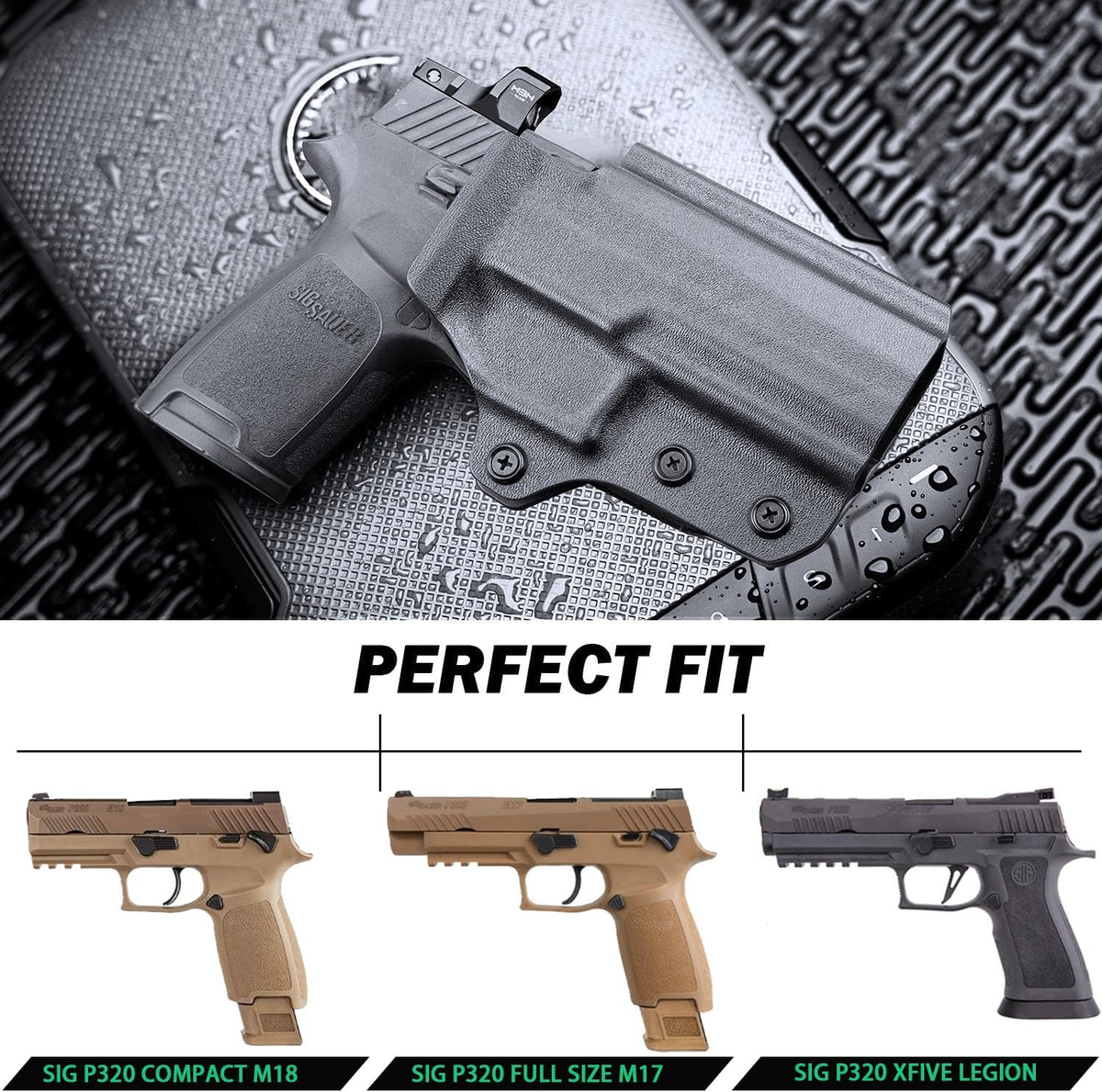 WARRIORLAND OWB KYDEX Holster Thumb Release & Optics Cut Fit: Sig P320 Compact M18 / P320 Full Size M17 / P320-XFIVE Legion, Outside Waistband 360 Degree Adj. Fits 1.5"-2.25" Belt, Right Hand