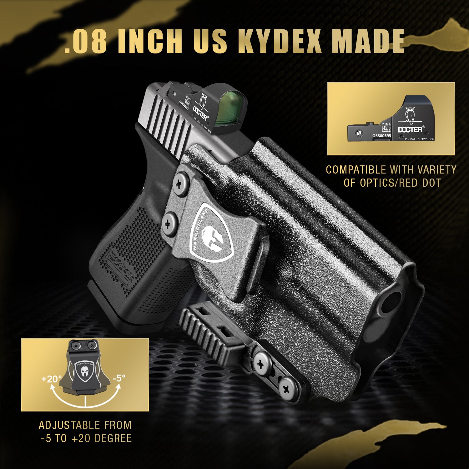 Compatible with Glock 19 IWB Kydex Holster with Claw and Optic Cut: G19/19X/44/45 Gen 1-5 & G23/32 Gen 3-4, Inside Waistband Appendix Carry G19 Holster, Adj. Cant & Retention, Right Hand|WARRIORLAND