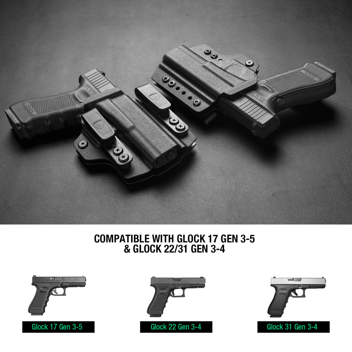 Glock 17 Gen 3-5 & Glock 22/31 Gen 3-4 IWB & OWB Convertible Holster Holsters, Optic Ready, Adj Ride Height,Right Hand | Warriorland