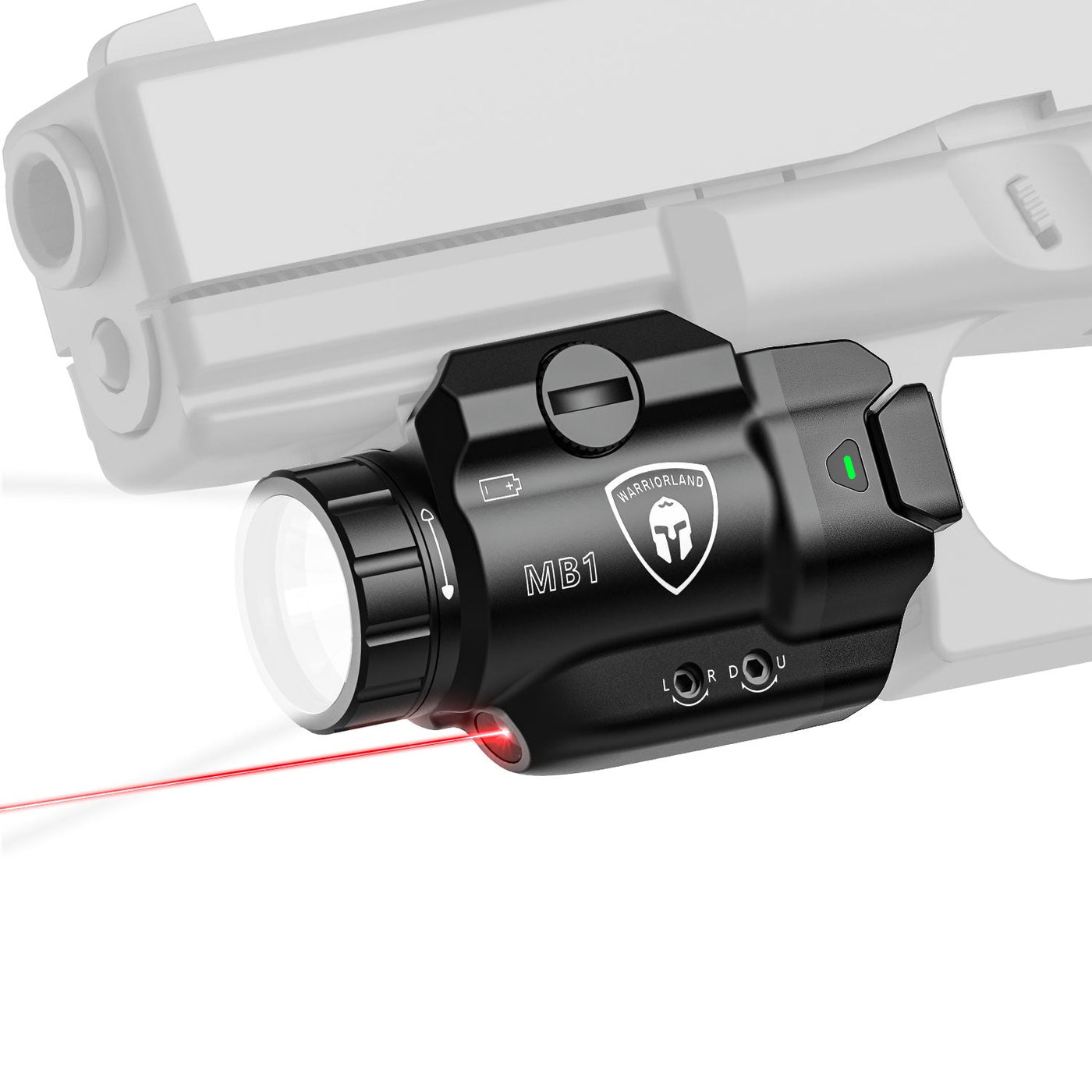 WARRIORLAND MB1 500 Lumens Pistol Light with Red Laser White LED Combo, Compact Weapon Light with Universal Rails fit for G17 G19 P365 1911 and Other 60+ Models, Tactical Light with Battery Indicator WARRIORLAND
