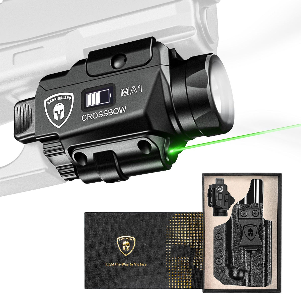 Universal Light Laser Combo with Glock 17/19 KYDEX Holster, Green Laser & White LED Tactical Light, Magnetic USB Rechargeable Flashlight-Screen Displays Battery Status, Crossbow MA1|WARRIORLAND